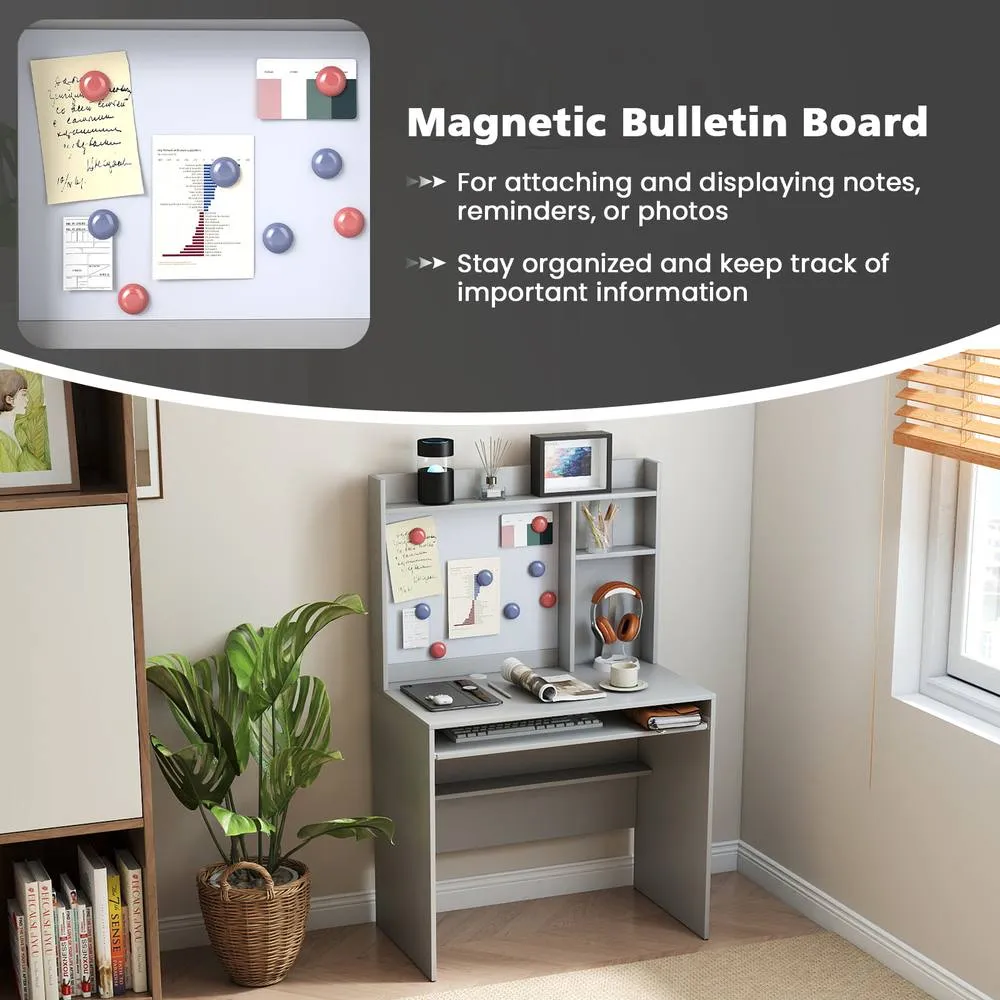 Costway Computer Desk Home Office Desk w/Magnetic Bulletin Board in Grey 4