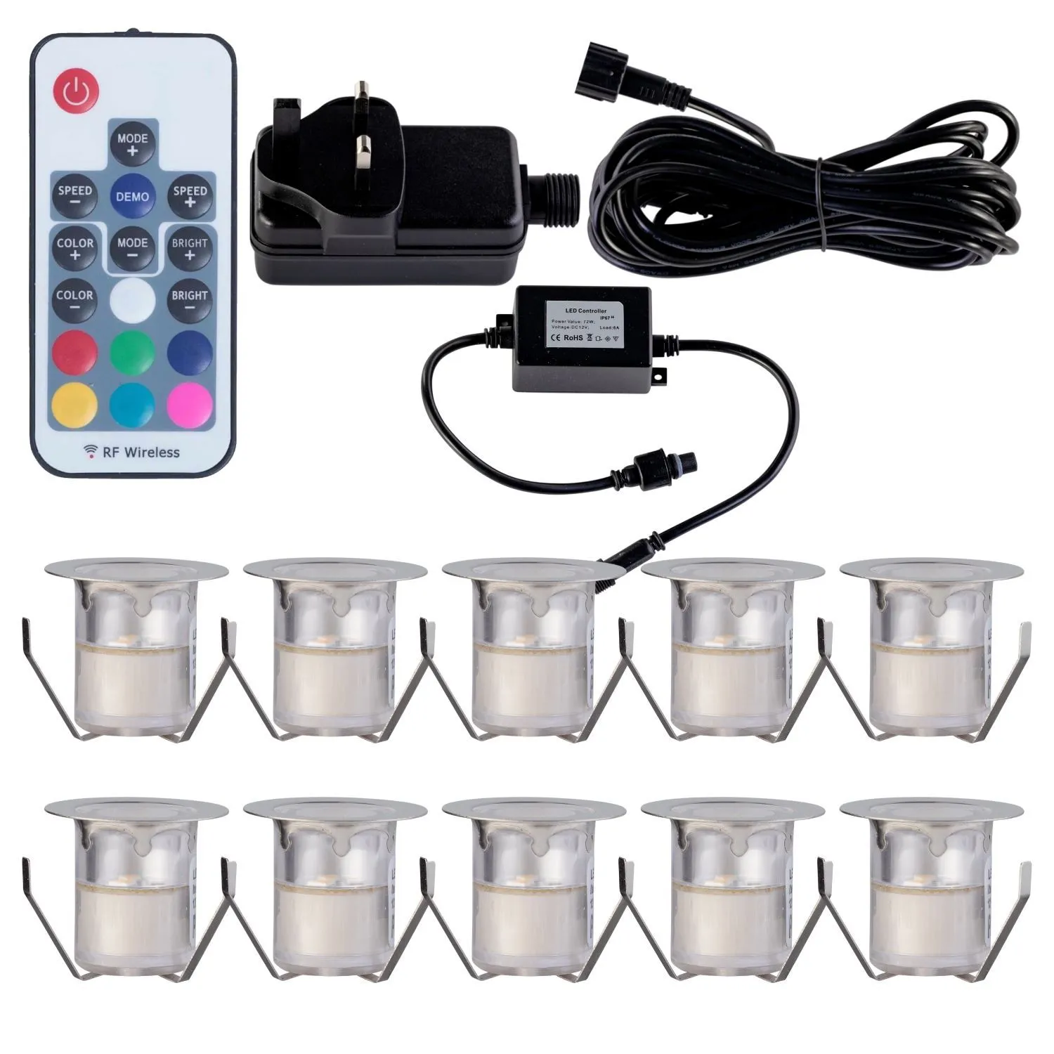 First Choice Lighting Set of 10 - 30mm Stainless Steel IP67 Colour Changing LED Decking Kit in Silver
