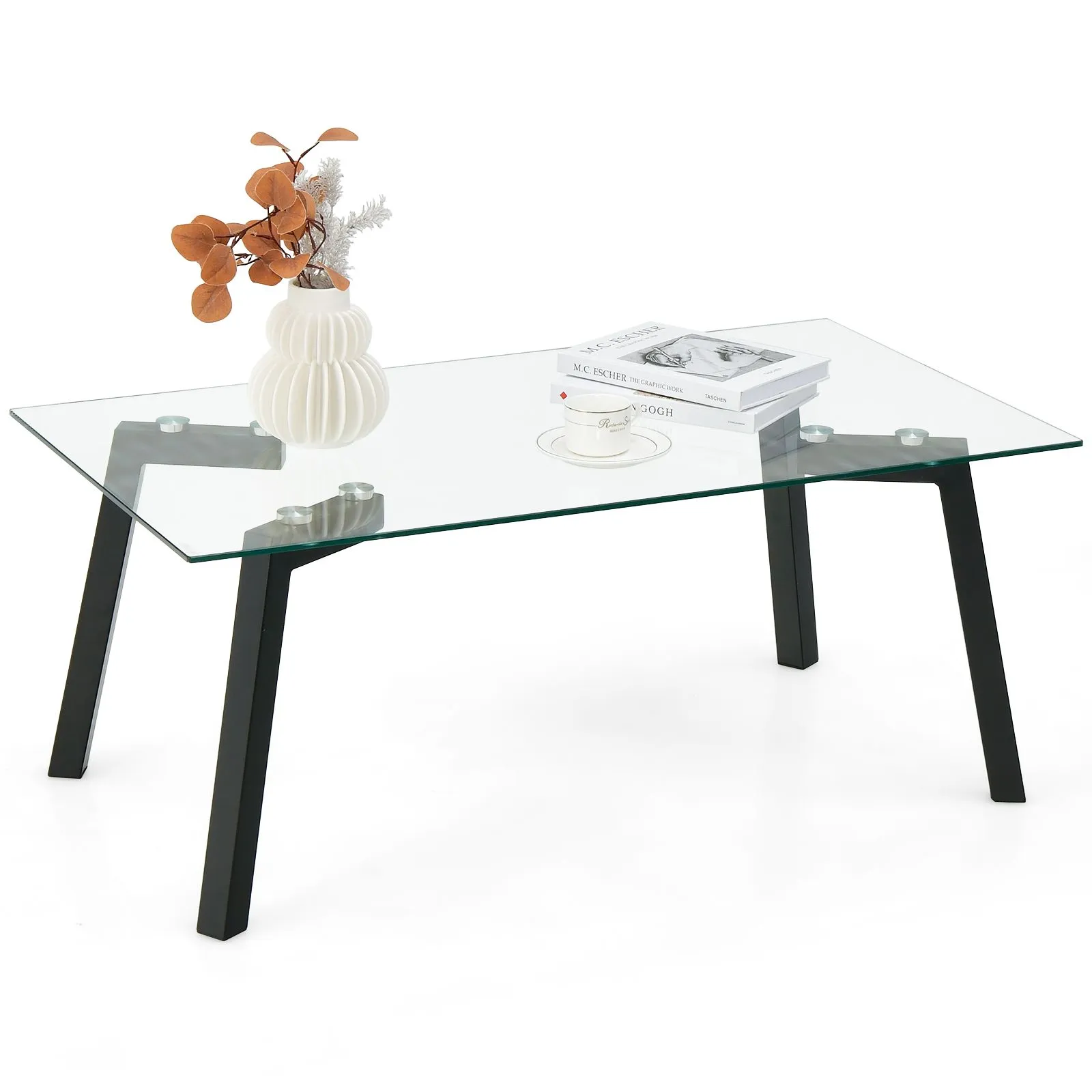 Costway Tempered Glass Coffee Table Rectangular Cocktail Snack Tea Table with Metal Leg in Clear