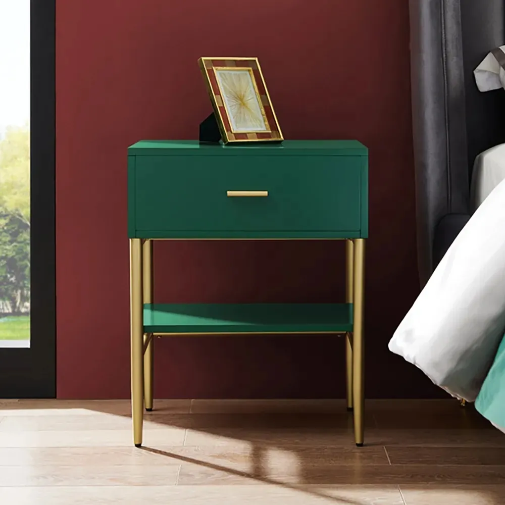 Nordic Green Bedside Table with Drawer & Shelf