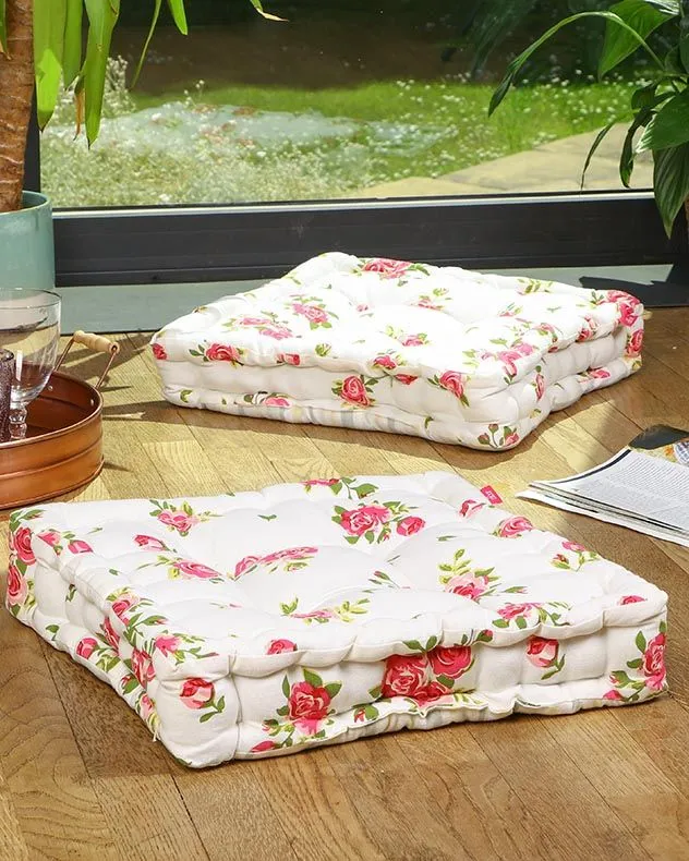 Dibor Set of 4 Pink Floral Print Indoor Outdoor Chair Seat Pad Garden Furniture Box Cushions L40cm x W40cm