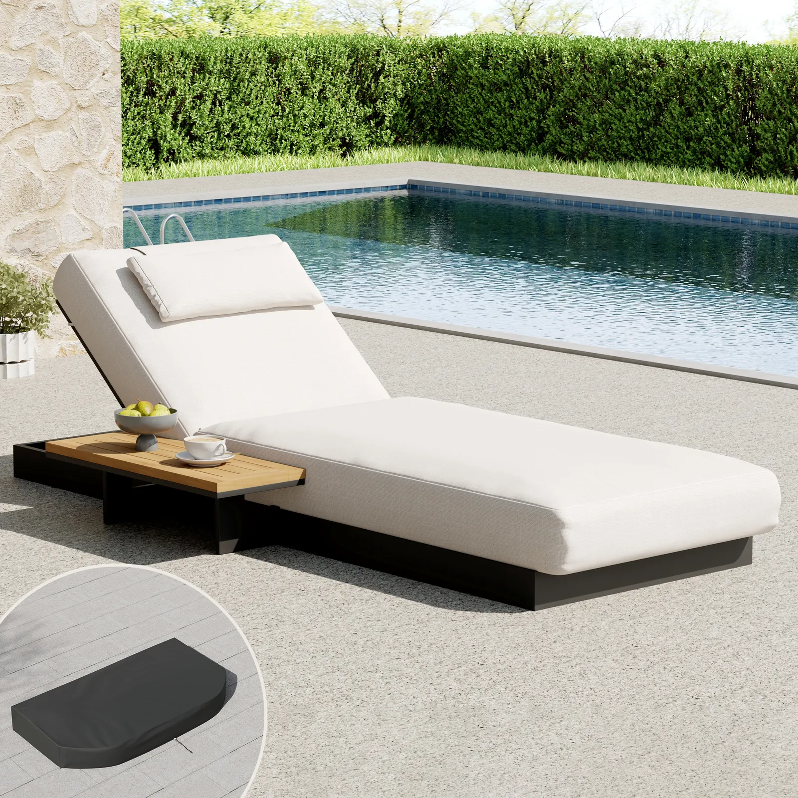 Tevara Single Outdoor Teak & Aluminium Adjustable Chaise Lounge with Black Cover
