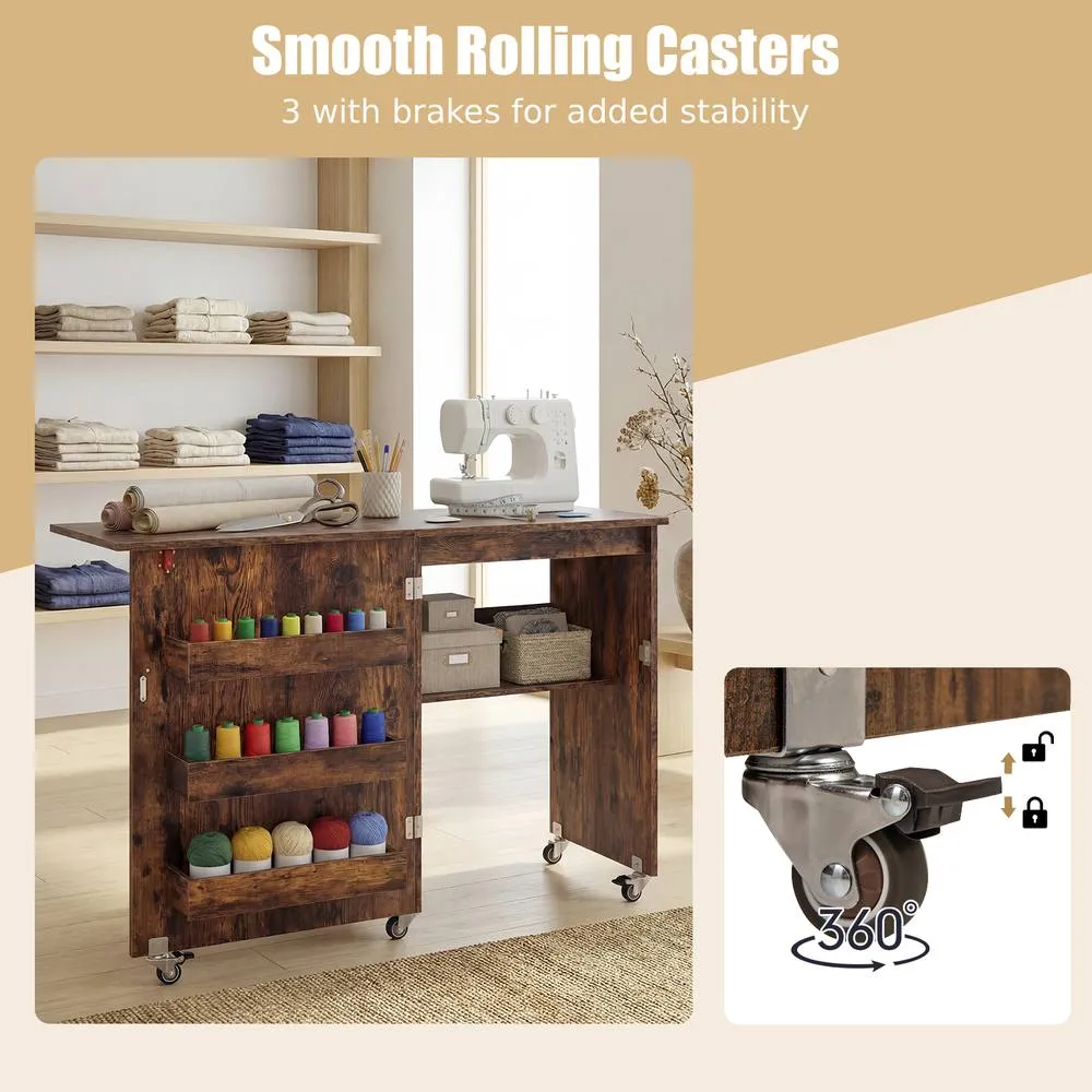 Costway Folding Sewing Table Mobile Sewing Machine Desk Rolling Craft Station in Brown 4