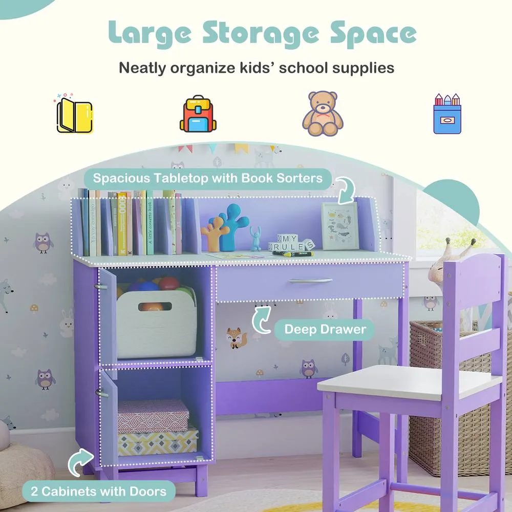 Costway Kid's Study Desk & Chair Set Wooden Activity Table w/ Wide Desktop in Purple 5