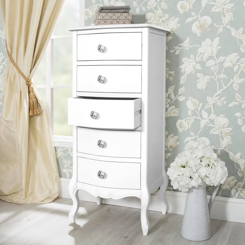 Statement Furniture Juliette Vintage Chic 5 Drawer Tallboy with Crystal Handles in White 2