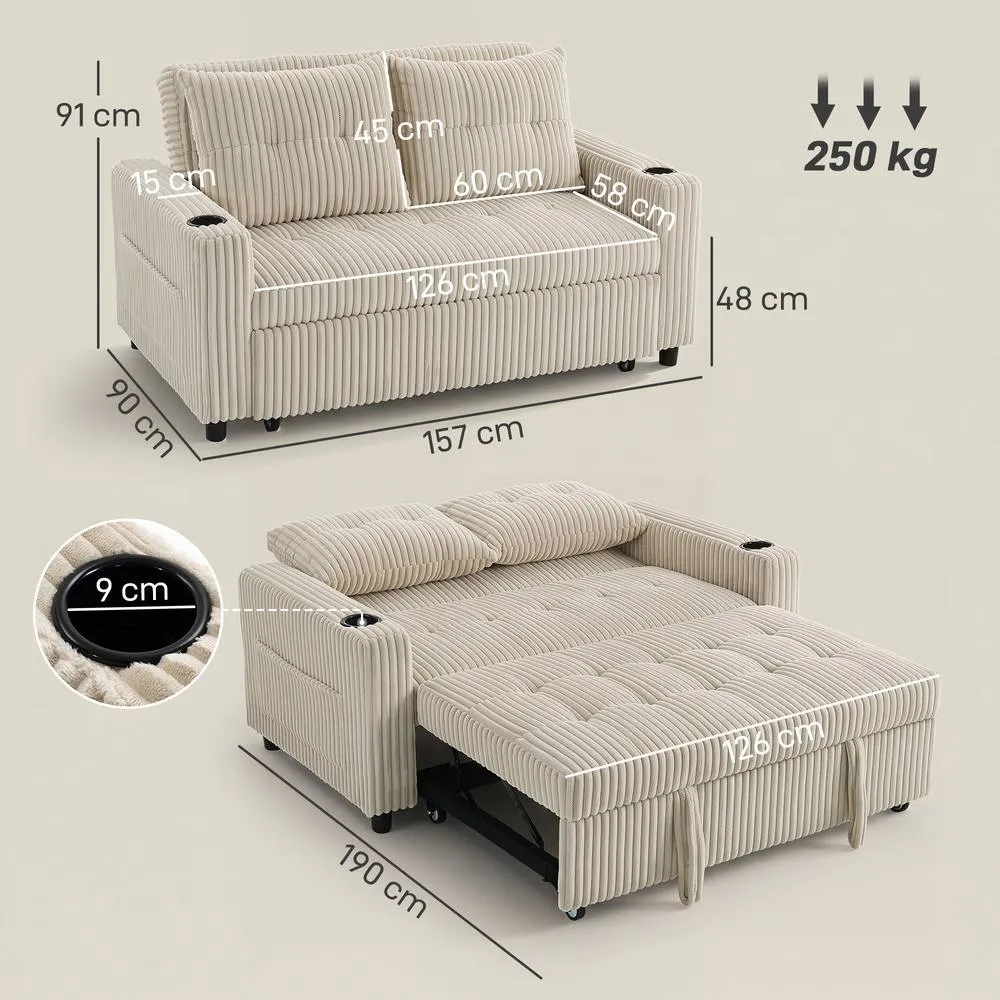 HOMCOM Corduroy Click Clack Sleeper Sofa with Pull Out Design, Cream White 3