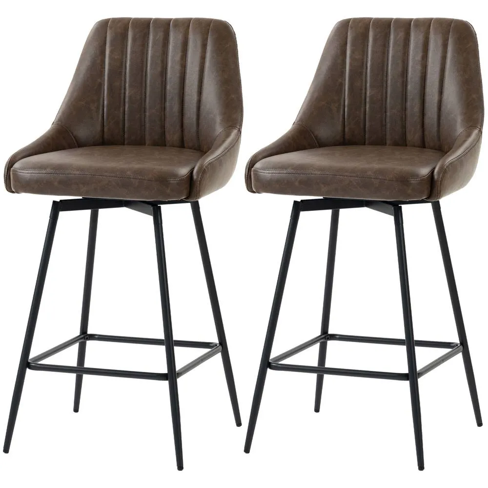 HOMCOM Vintage Bar Stools Set of 2, PU Leather, Footrest, Dark Brown