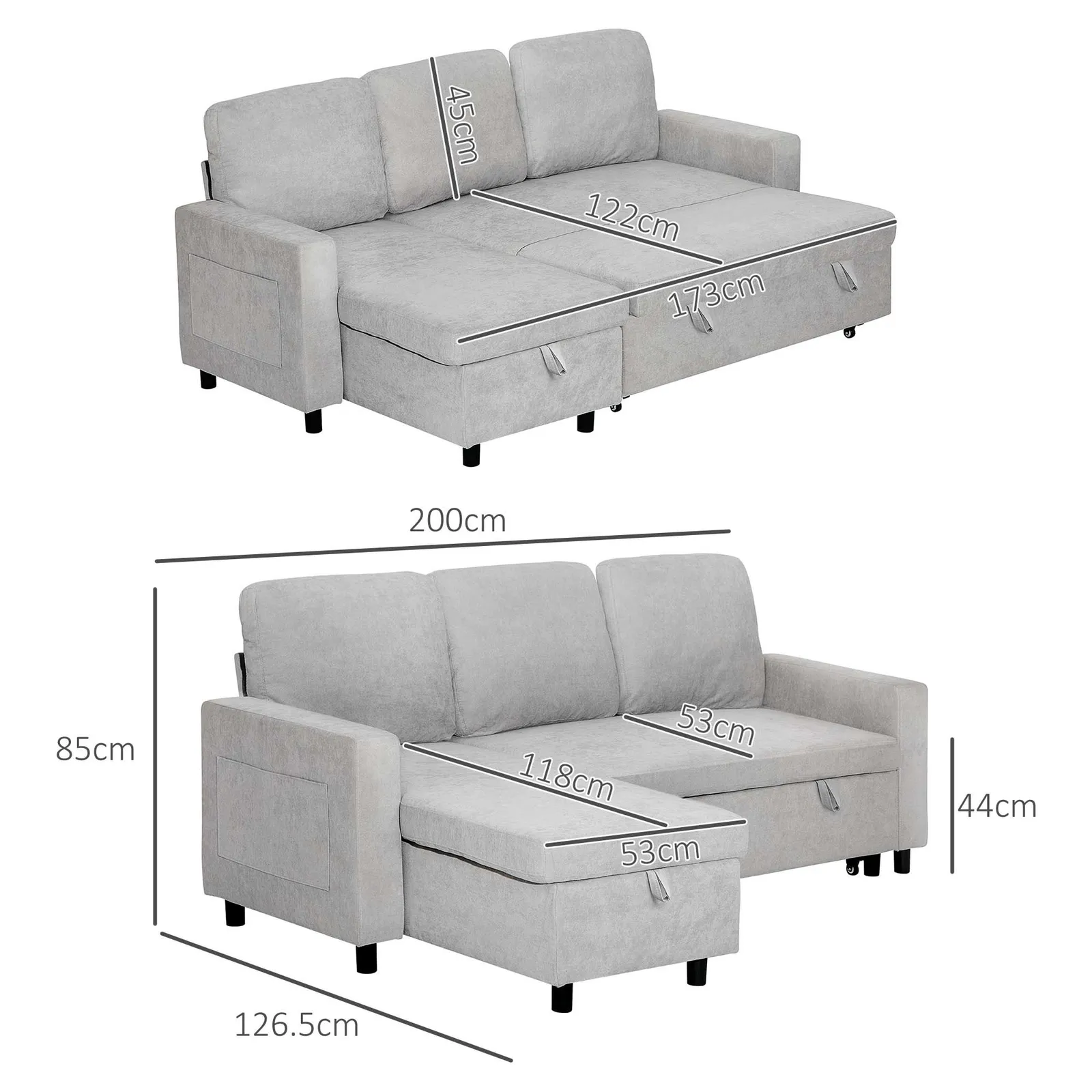 HOMCOM Pull Out Sofa Bed L Shape Corner Sofa w/ Reversible Chaise in Light Grey 3