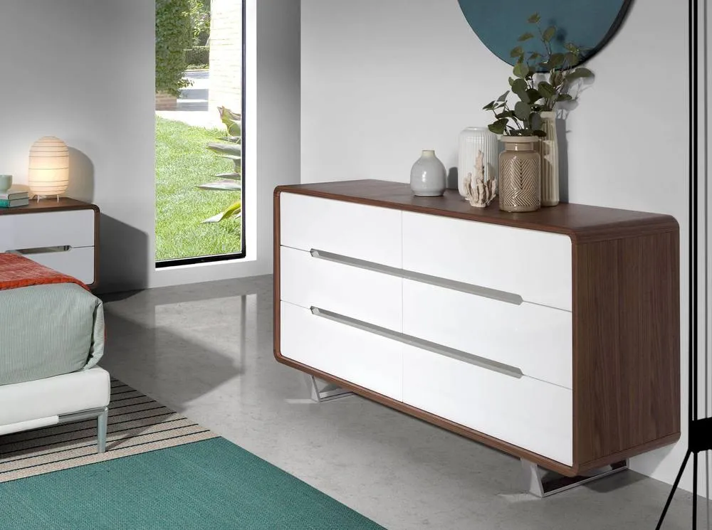 Angel Cerda 6-Drawer Chest Walnut Veneer, White MDF & Chrome Legs in Brown 3