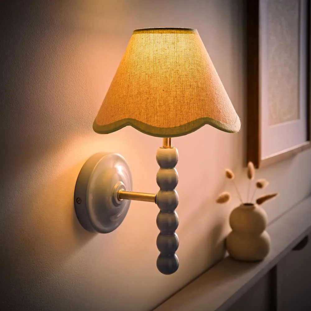 ValueLights Bobbins Powder Blue Wall Light with Linen Trim Lamp Shade & LED Bulb in Pale Green 1