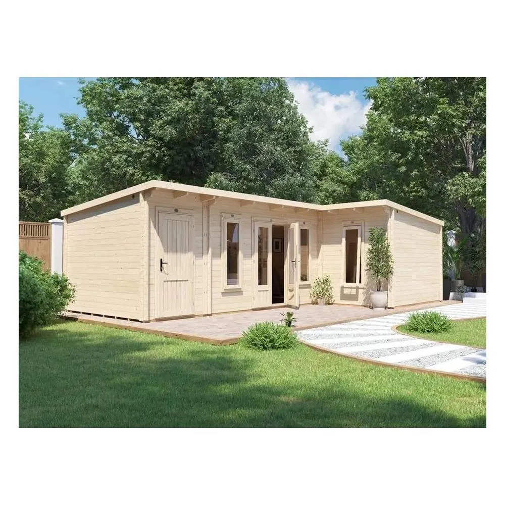 Dunster House L-Shaped Log Cabin W8m x D5m / 27'4" x 16'6" Pent, 24mm, DG - HellWolf in Brown 2