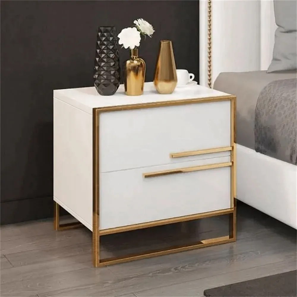 Minimalist Design Bedside Table with 2 Drawers with Gold Base