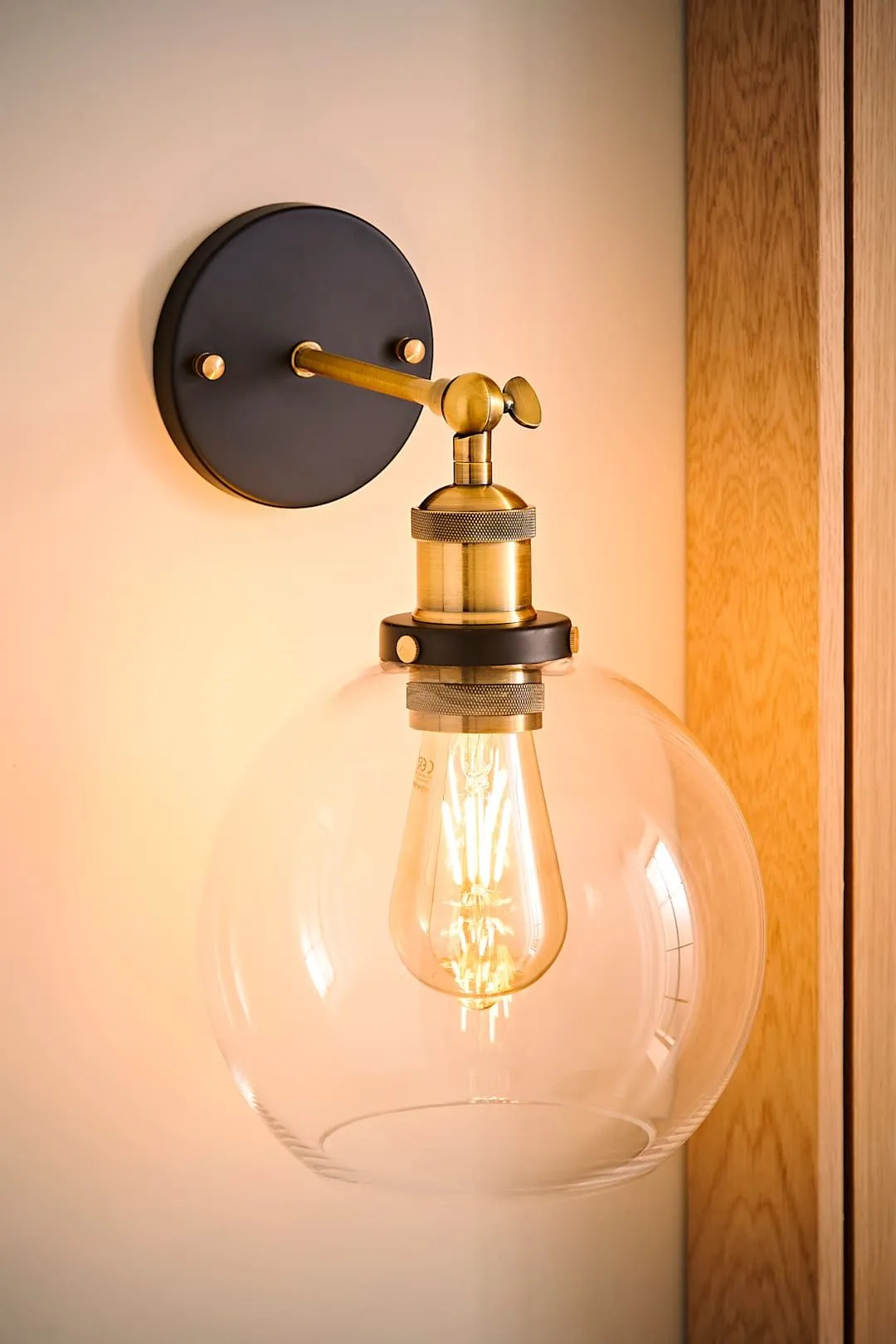 ValueLights Sheridan Industrial Amber Glass Bowl Gold Trim Black Wall Light with LED Bulb in Clear 2