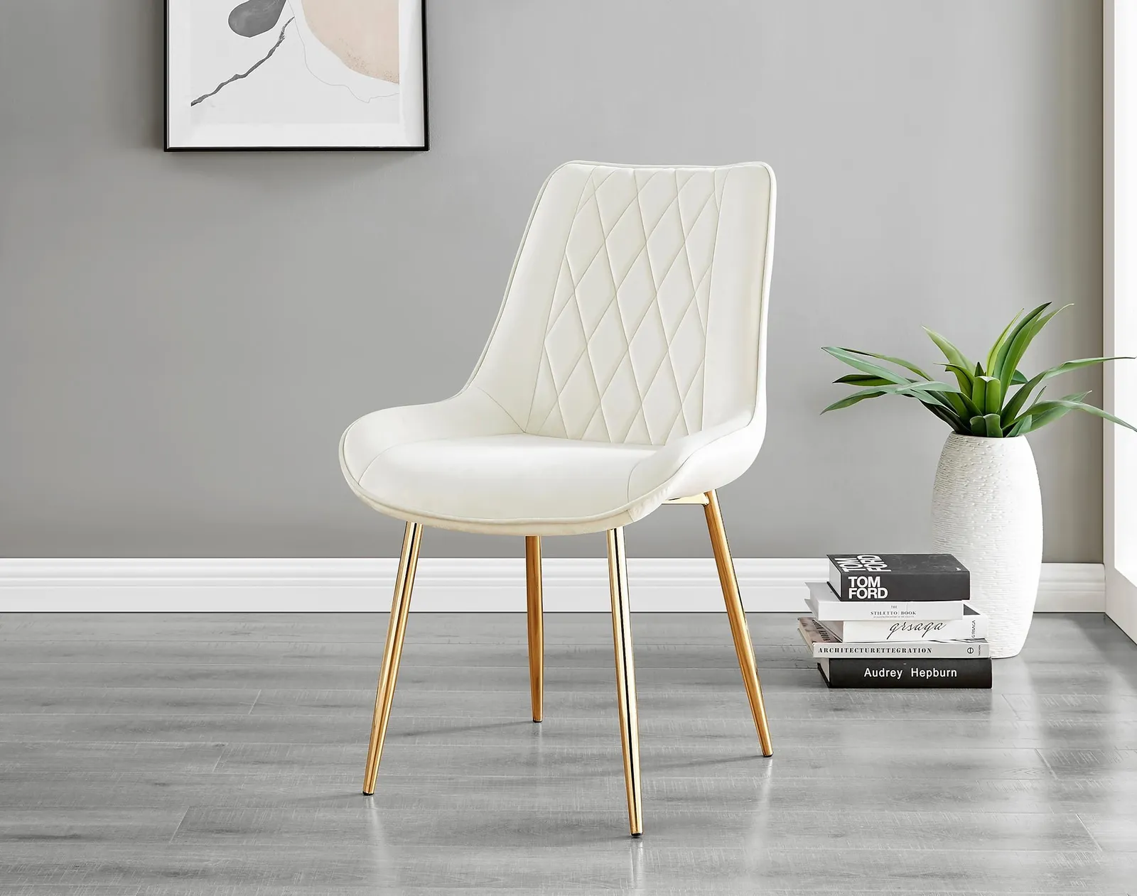 FurnitureboxUK Set of 2 Pesaro Luxury Soft Touch Diamond Pattern Velvet Dining Chairs With Gold Chrome Metal Legs in Cream 2
