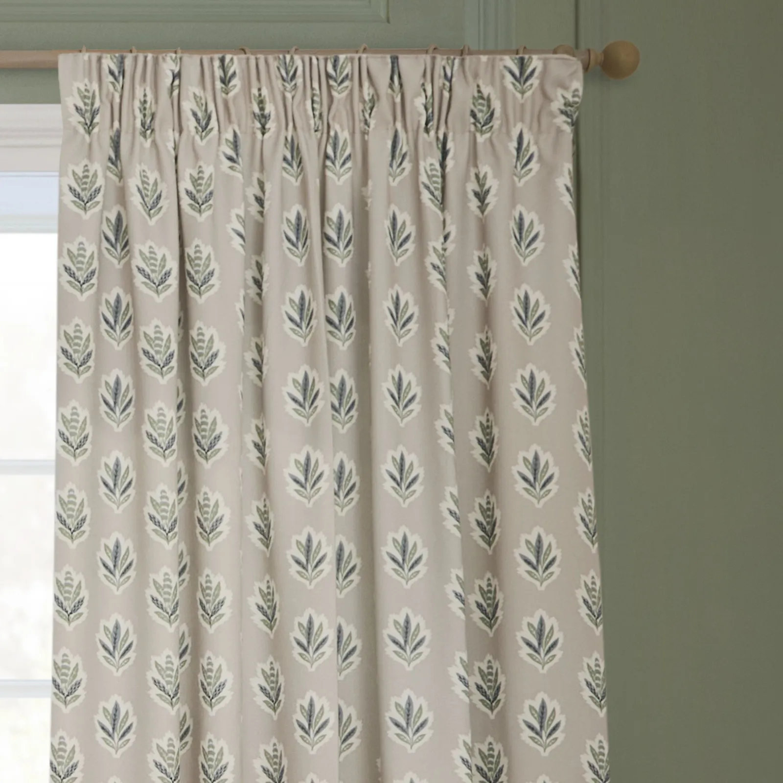 Sanderson Sessile Leaf Printed Room Darkening Pencil Pleat Curtains in Light Blue 3