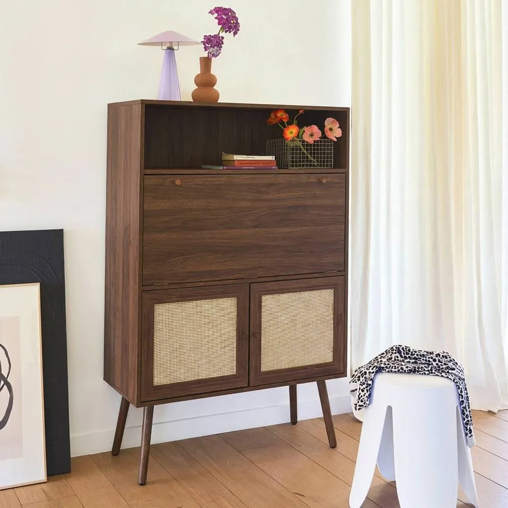 sweeek Secretary desk with wood decor, cane & 2 doors in Dark Brown 4