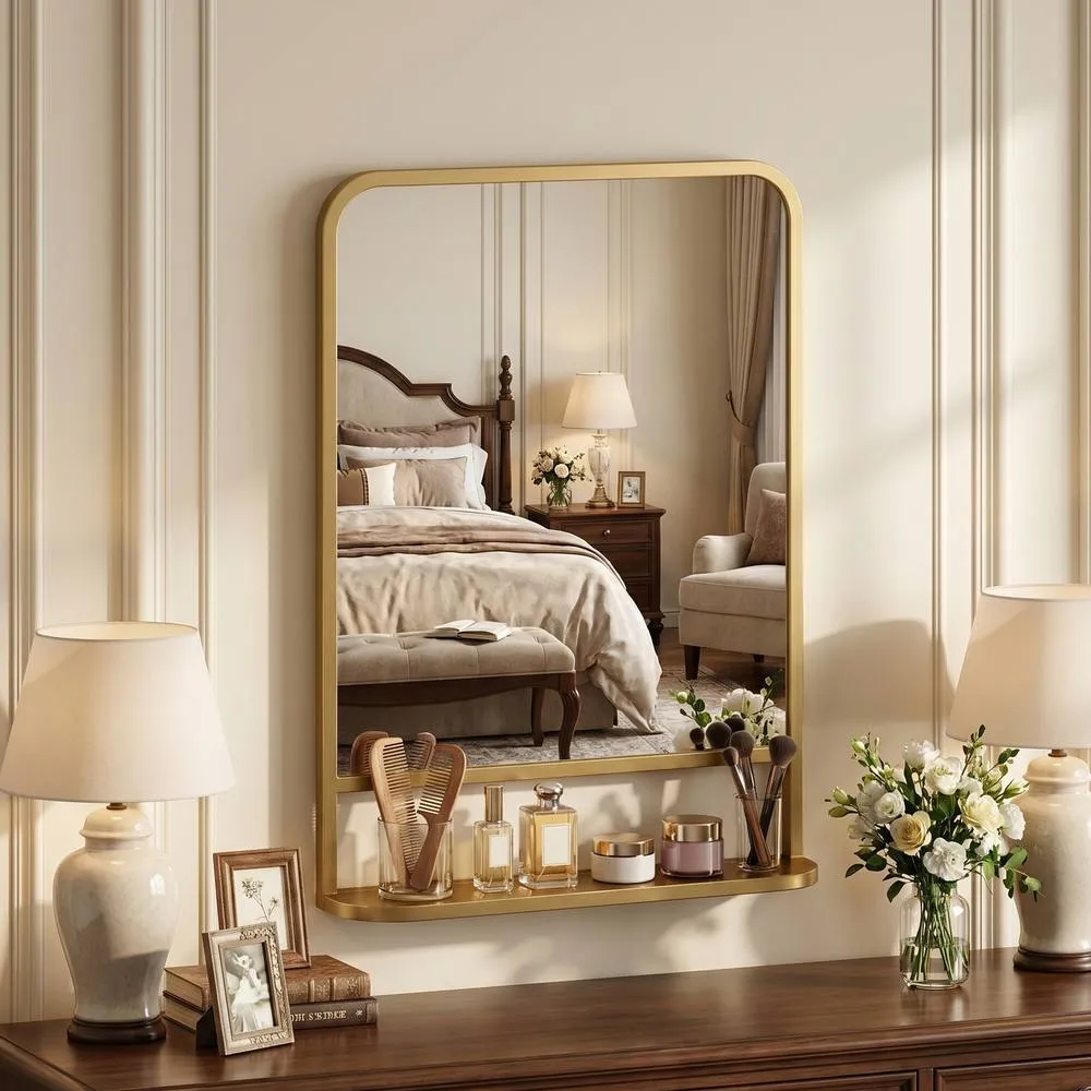 HOMCOM Rectangle Wall Mirror with Shelf 70 x 50 cm, for Living Room, Bedroom in Gold