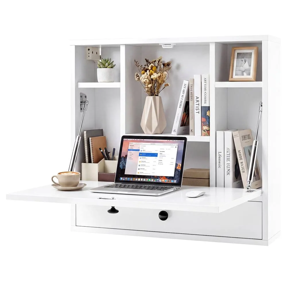 Costway Wall Mounted Fold Down Desk Computer Workstation w/ Drawer in White