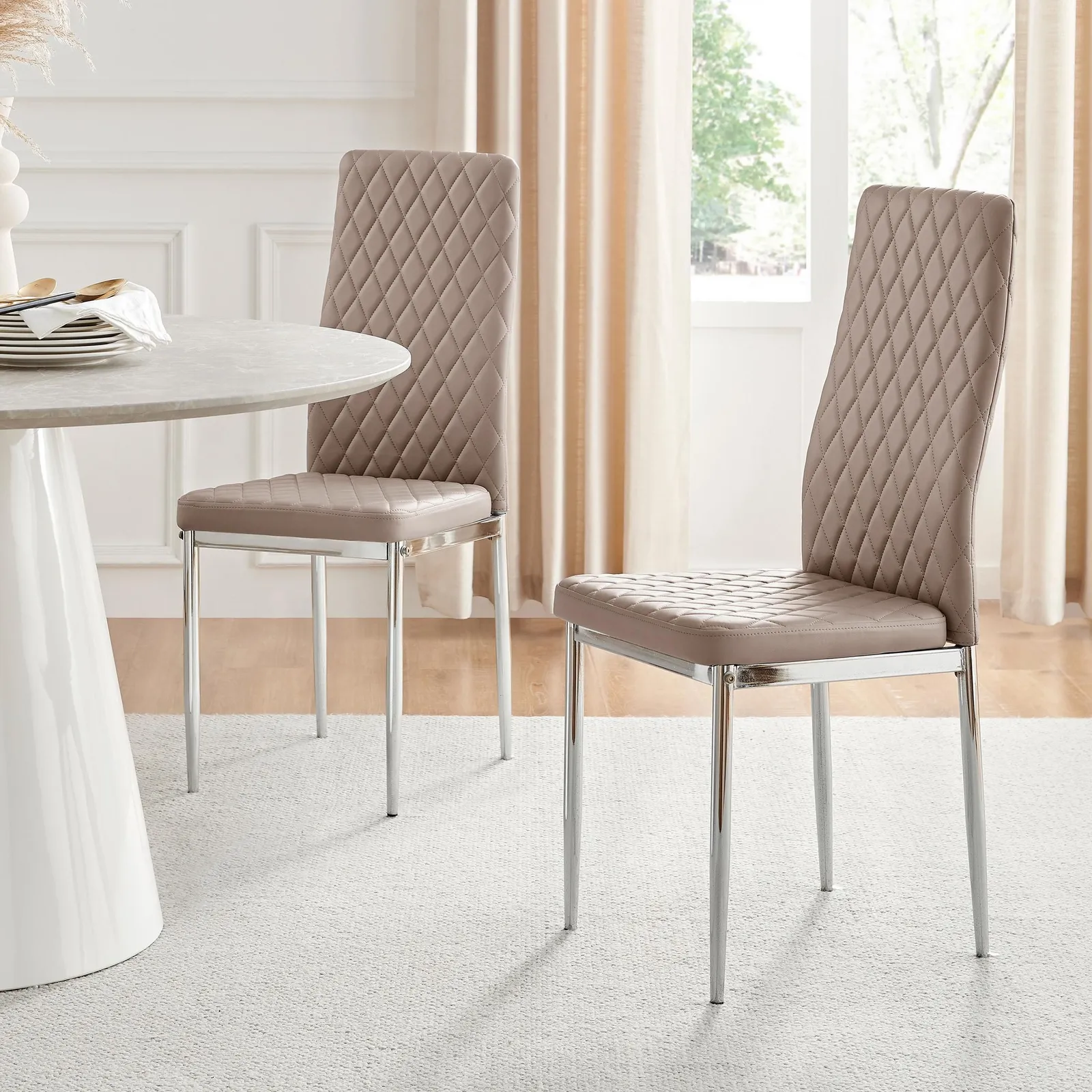 FurnitureboxUK Set of 6 Milan High Back Soft Touch Diamond Pattern Faux Leather Dining Chairs With Silver Chrome Metal Legs in Beige