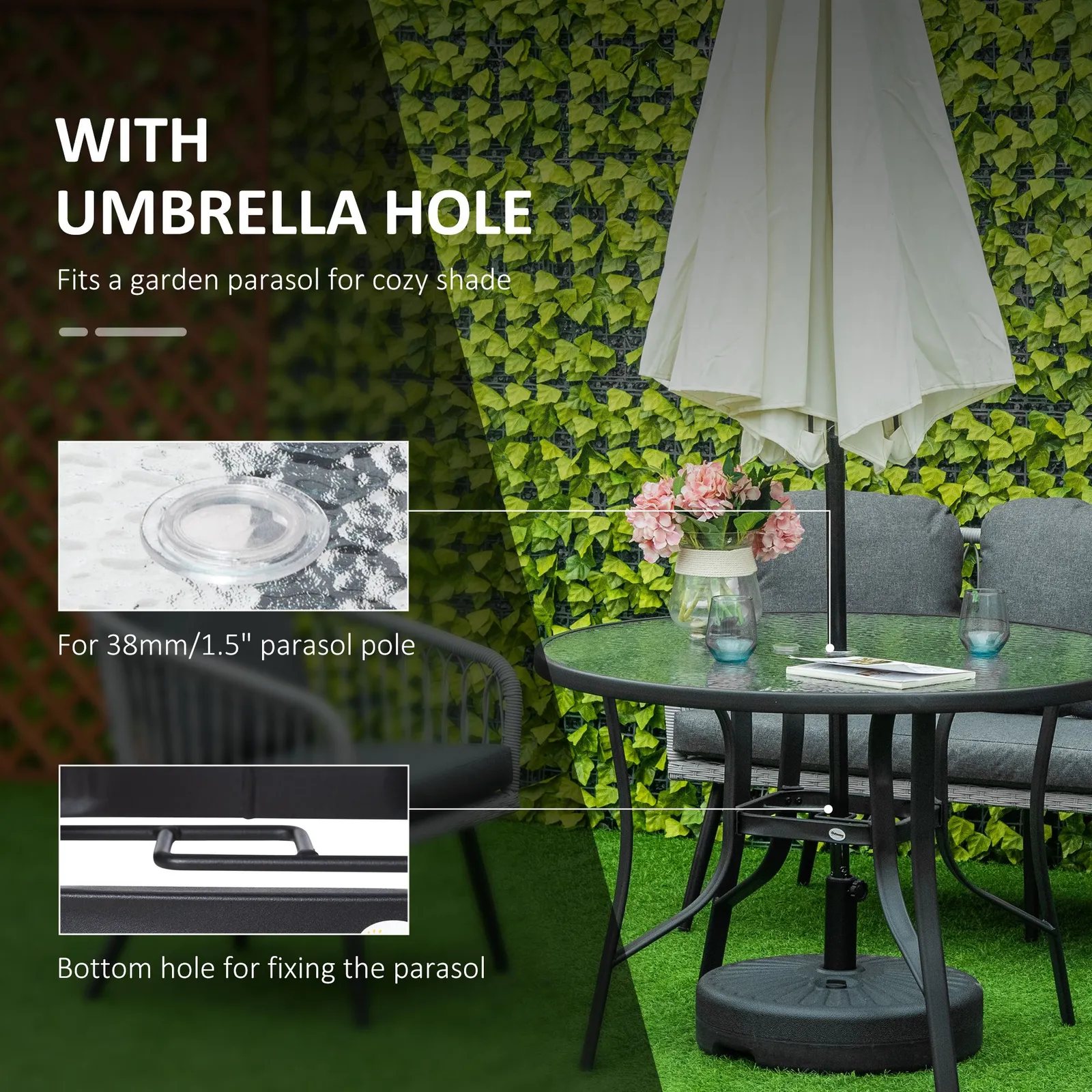 OUTSUNNY 106cm Round Garden Dining Table with Parasol Hole TempeGlass Top in Black 4