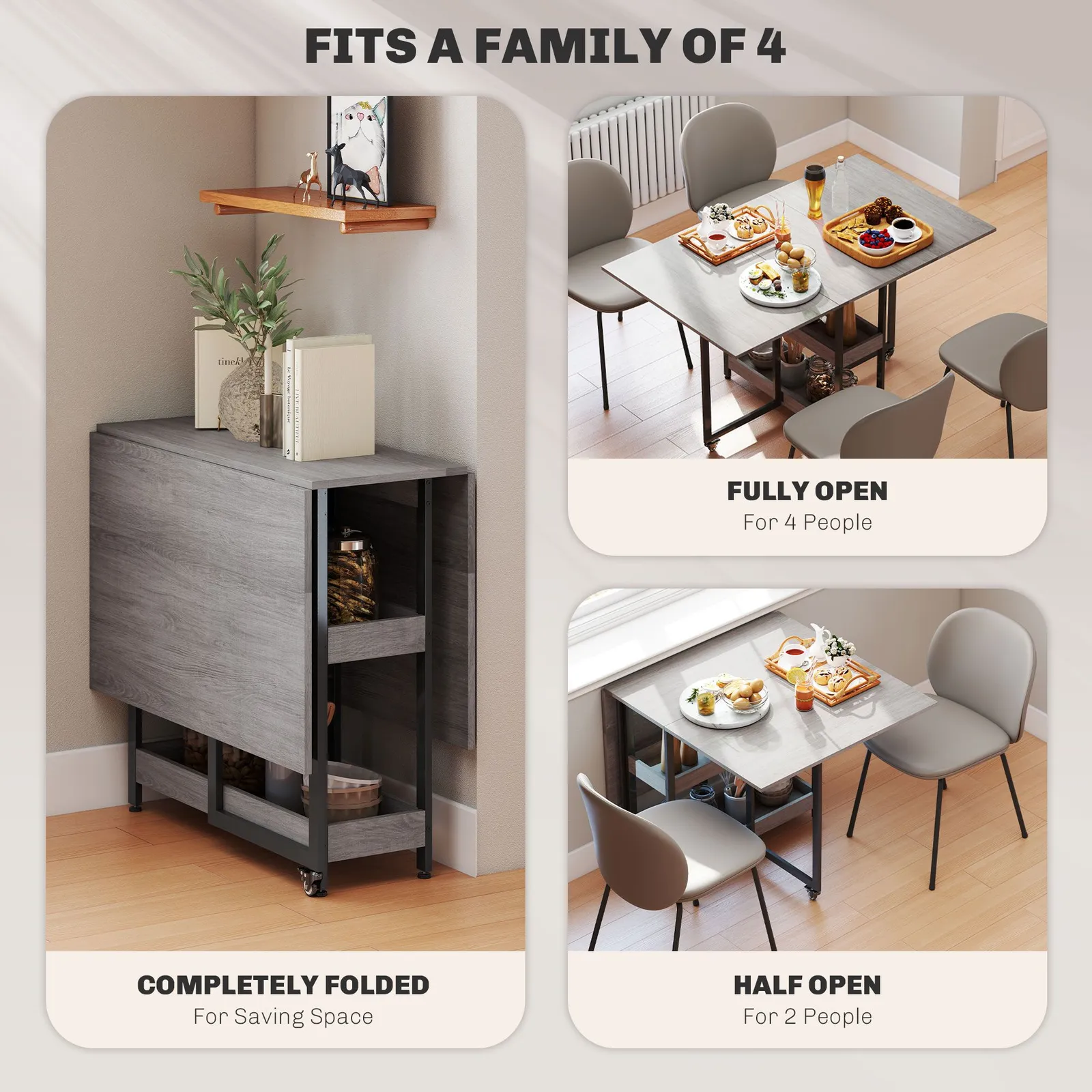 HOMCOM Folding Dining Table, Drop Leaf Table with Open Compartments in Grey 4