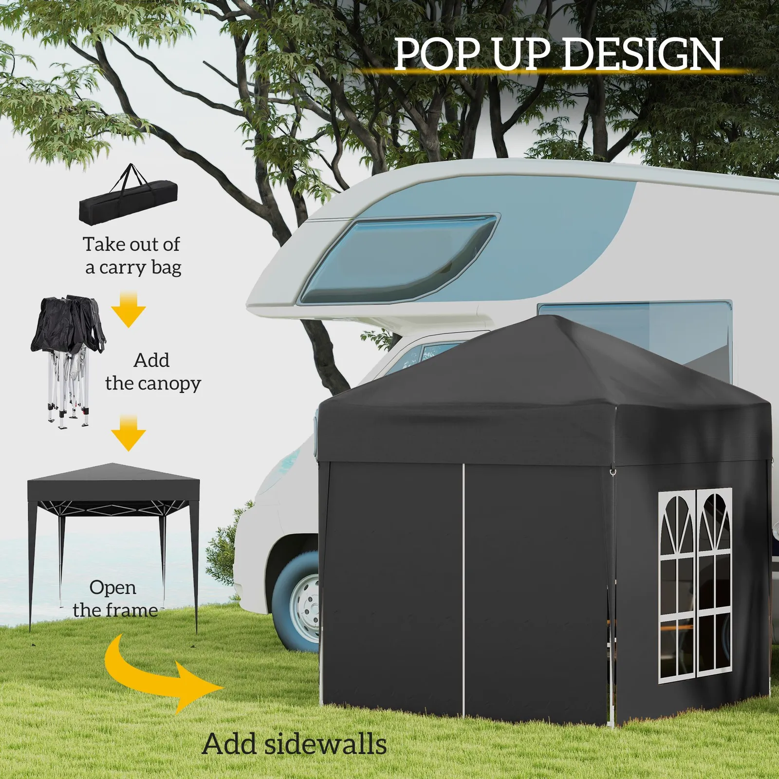 OUTSUNNY 2mx2m Pop Up Gazebo Party Tent Canopy Marquee with Storage Bag in Black 4