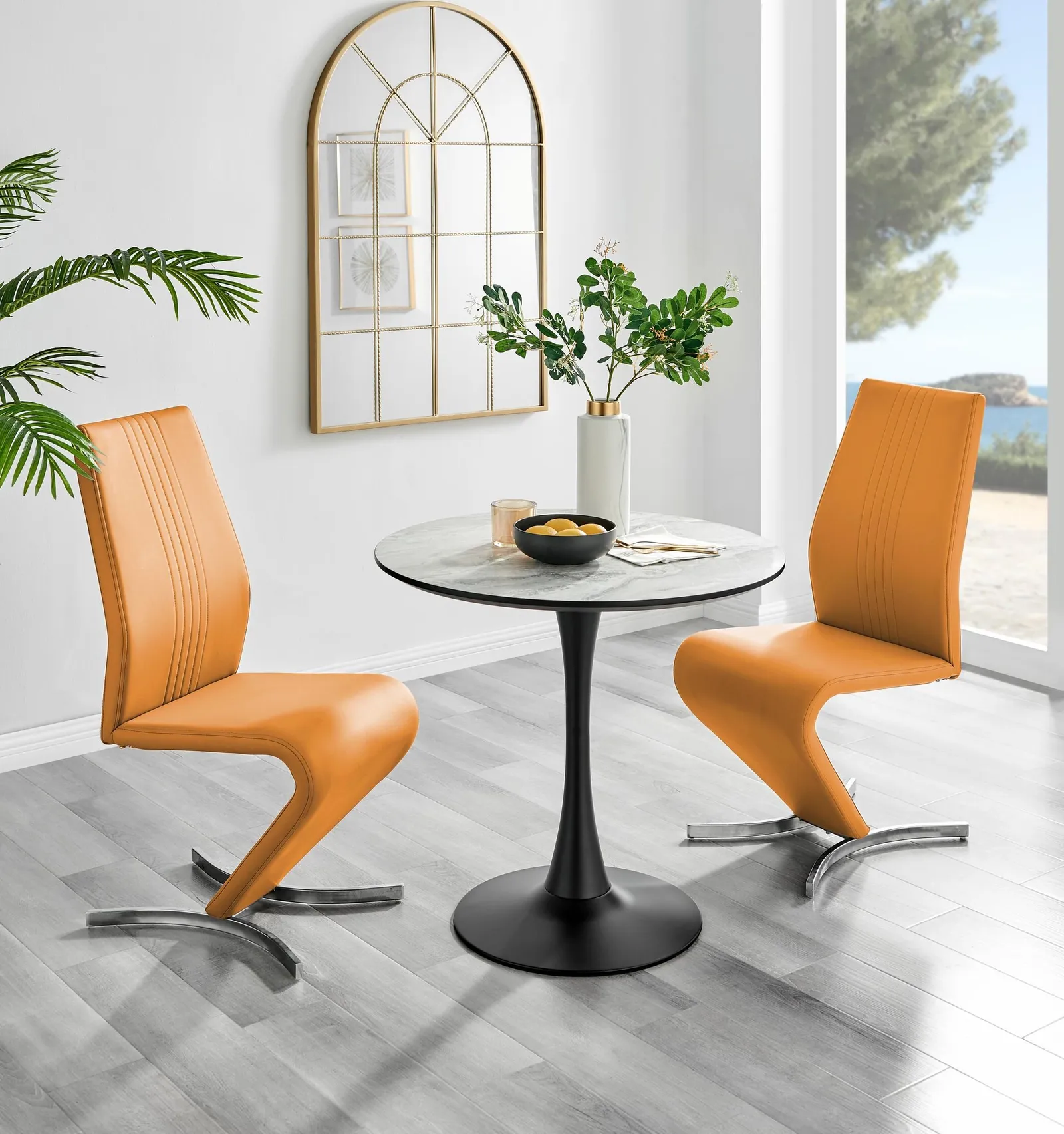 FurnitureboxUK Elina White Marble Effect Scratch Resistant Dining Table & 2 Willow Faux Leather Chairs in Mustard