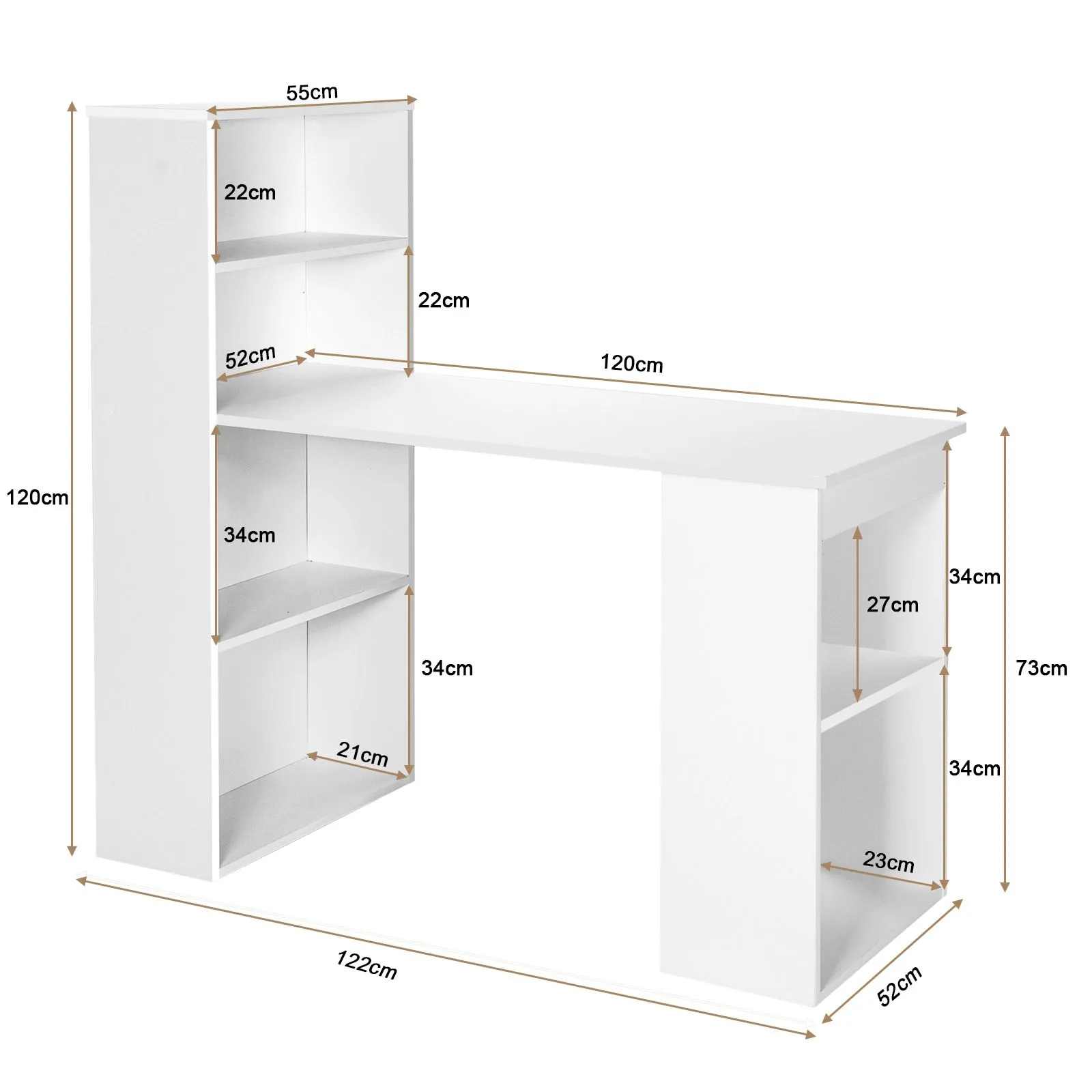 Costway Computer Writing Desk w/ Bookcase 6-tier Shelves Reversible Home Office Dorm in White 6