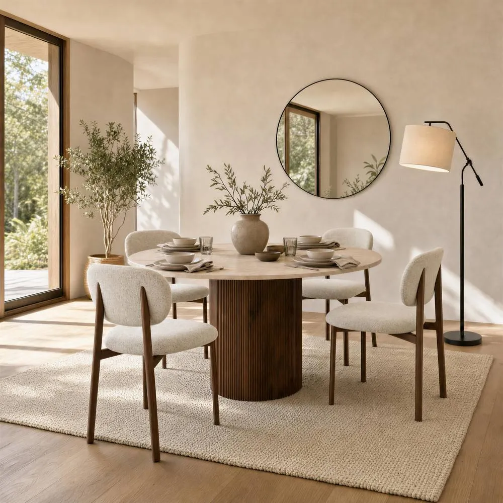FurnitureboxUK Penrose Round Cream Marble Effect Dining Table 4 Mirelle Chairs in Beige