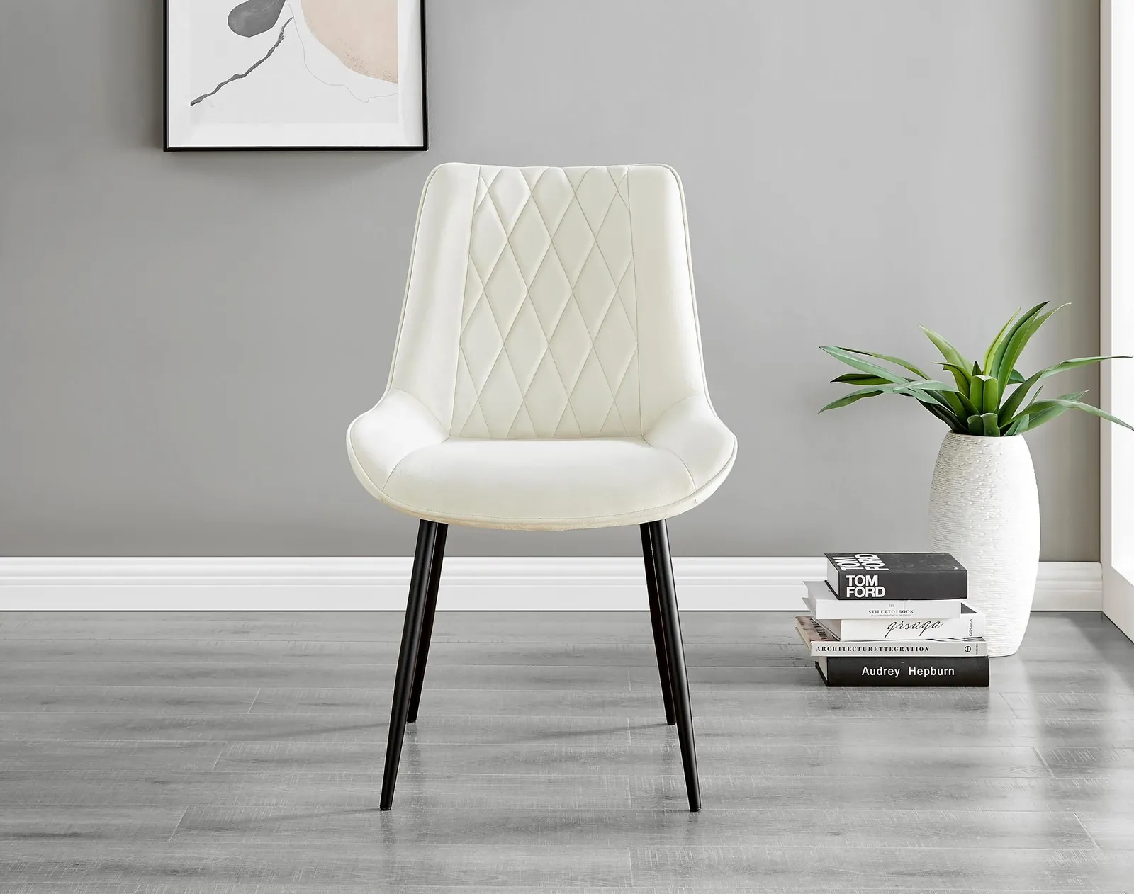 FurnitureboxUK Set of 2 Pesaro Luxury Velvet Dining Chairs With Diamond Stitched Back & Black Metal Legs in Cream 3