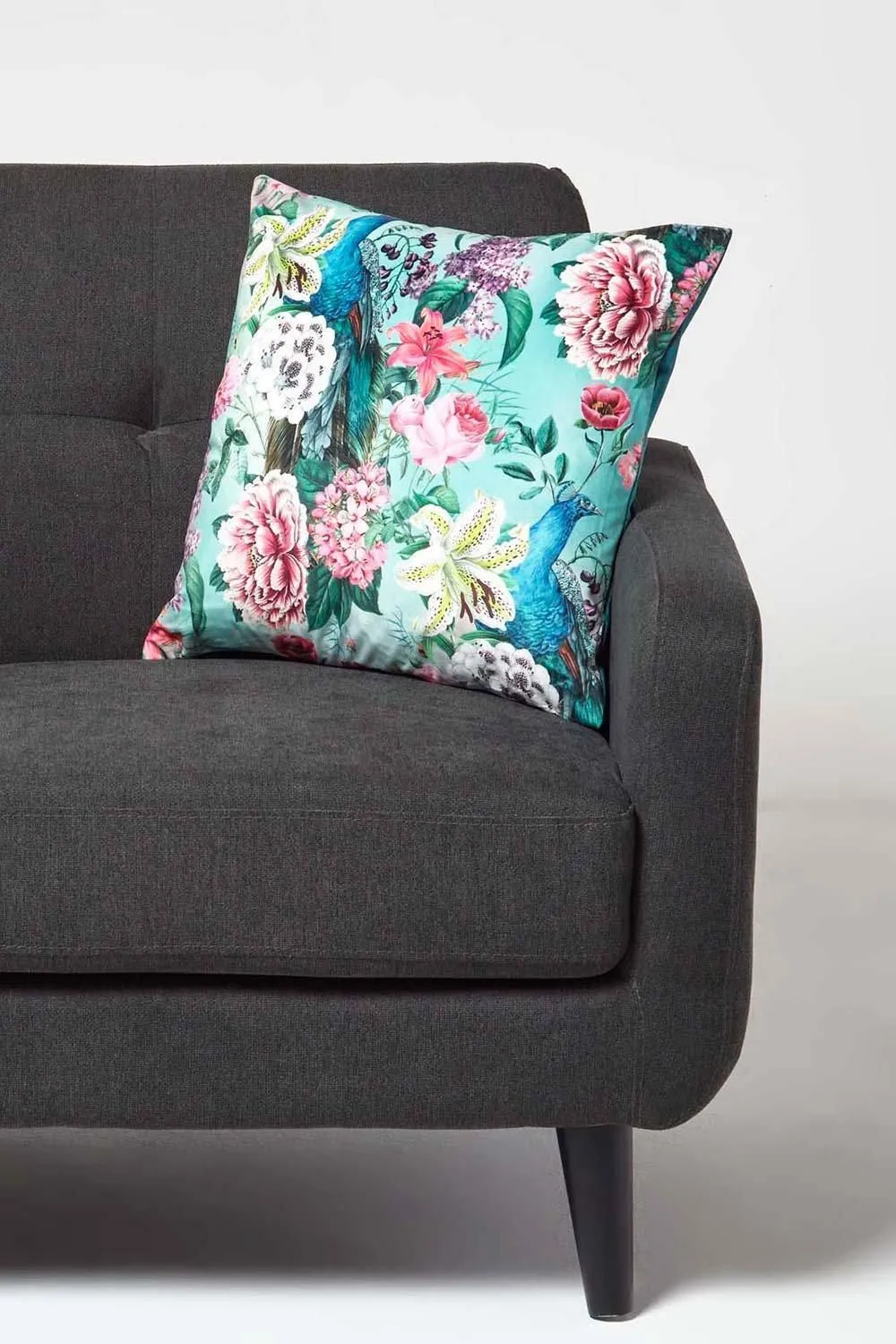 Homescapes Floral Peacock Pink & Green Filled Velvet Cushion 46 x 46 cm 2
