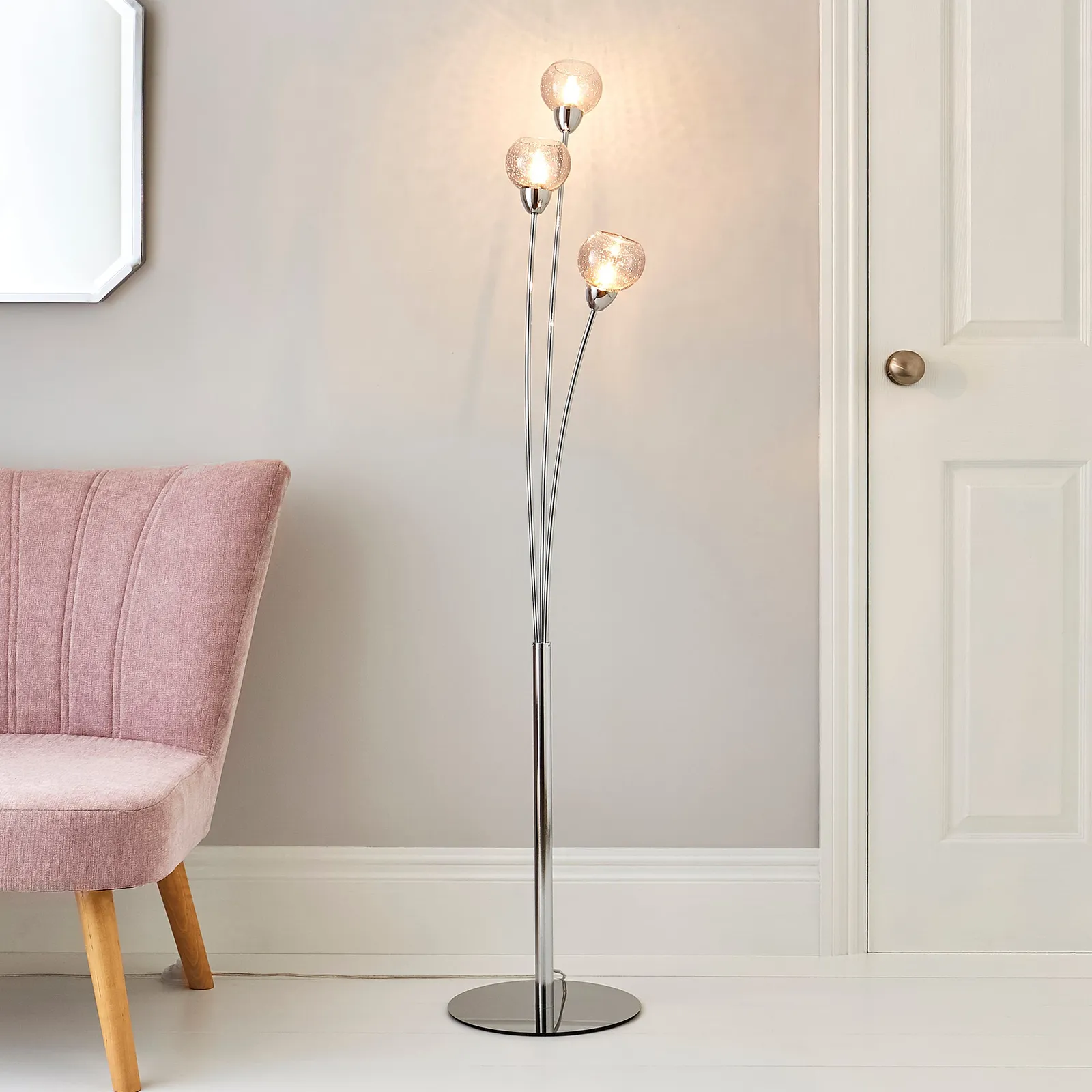 Kelly 3 Arm Bubble Glass Floor Lamp Silver
