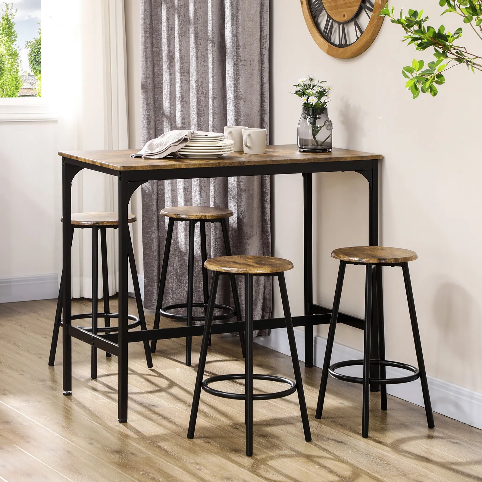 HOMCOM 5 Piece Bar Table & Stools Set with Metal Frame in Brown