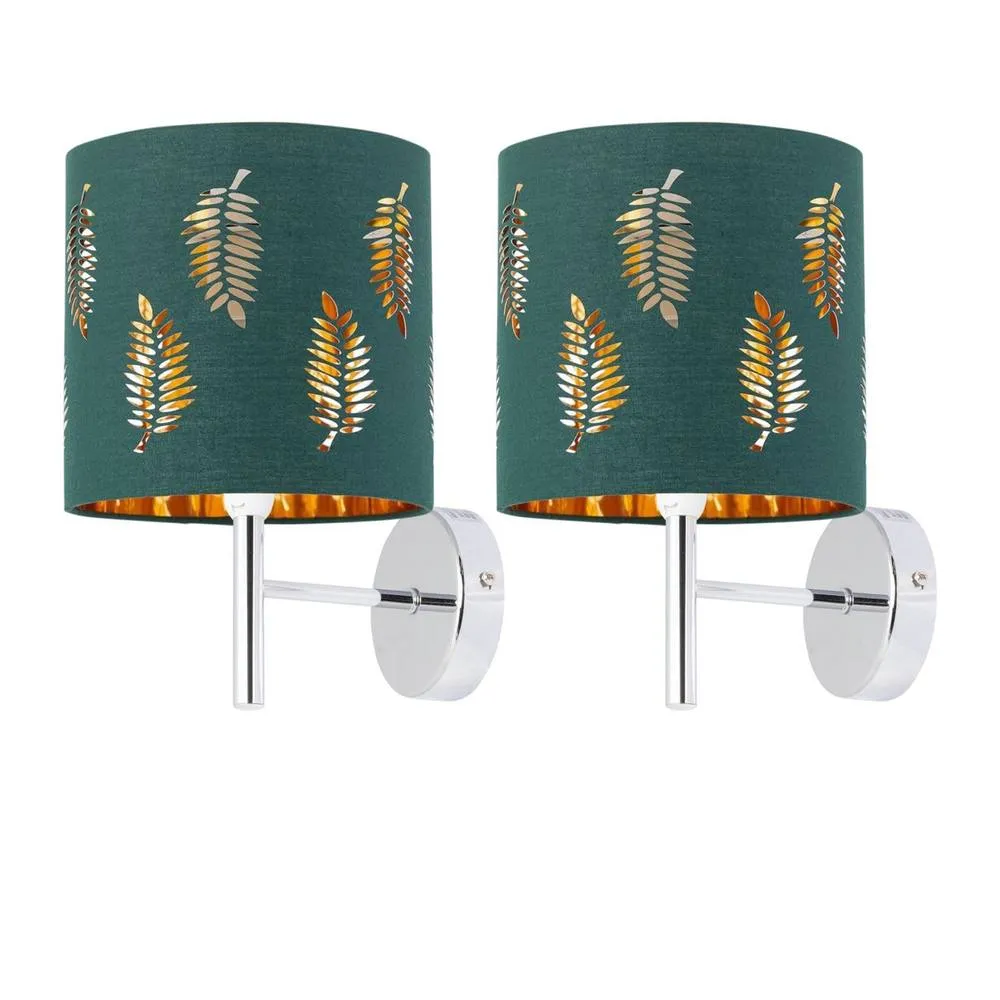 First Choice Lighting Set of 2 Brea - Chrome Wall Lights with Dark Green Fern Shades in Silver