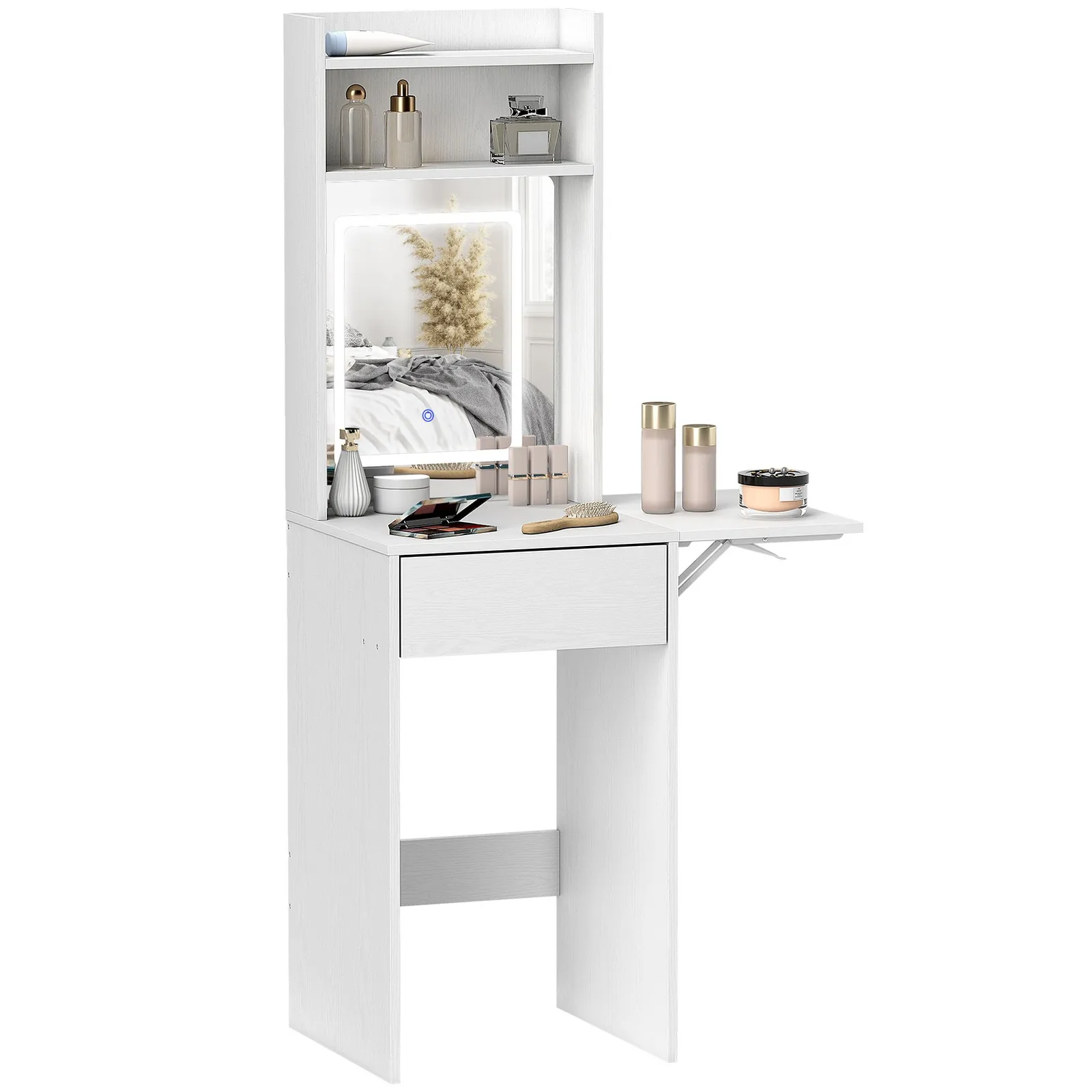 HOMCOM Compact Dressing Table with Lighted Mirror Open Shelves Drawer White 2