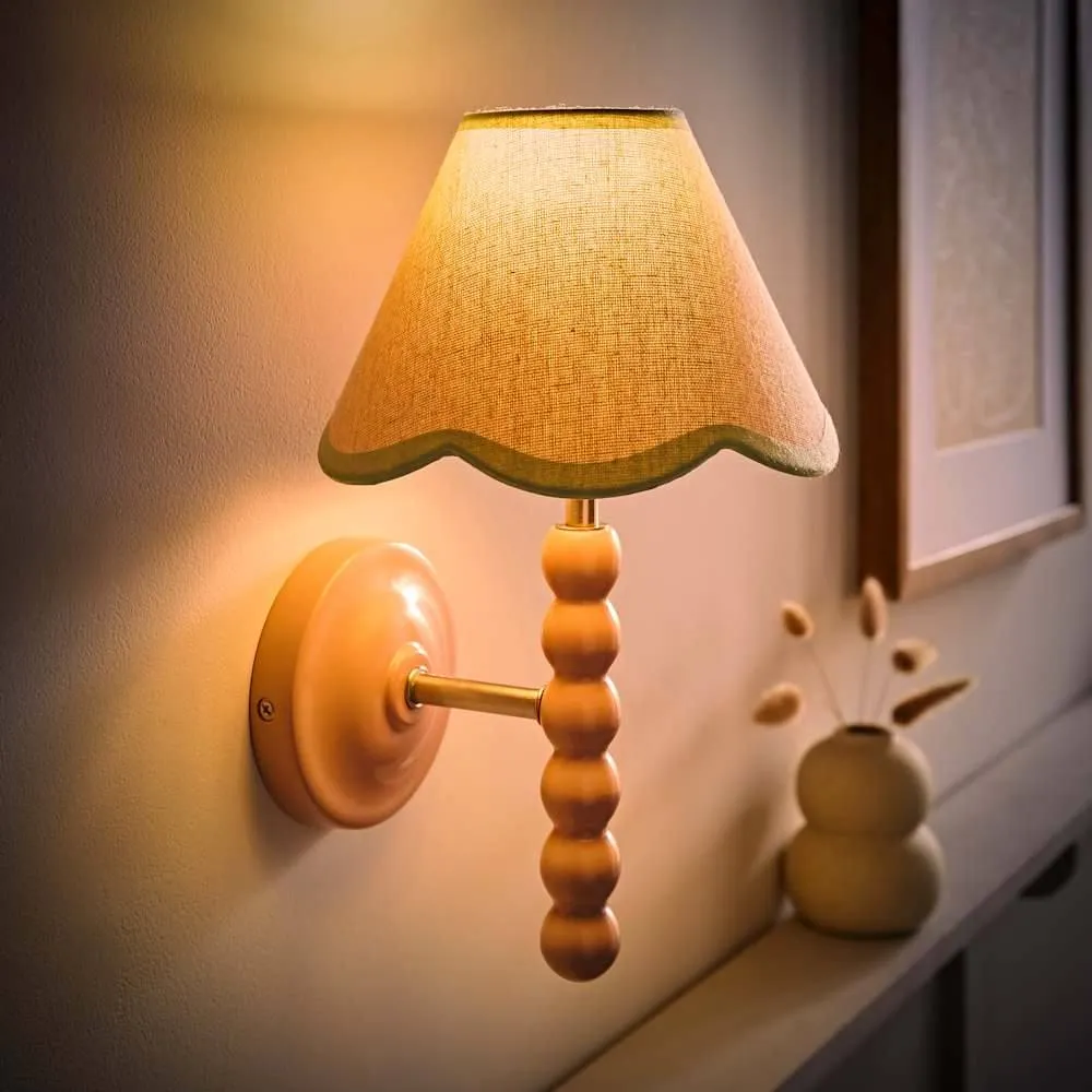 ValueLights Bobbins Pair Pink Bobble Wall Lights & Linen Pastel Trim Lamp Shades in Pale Green 4