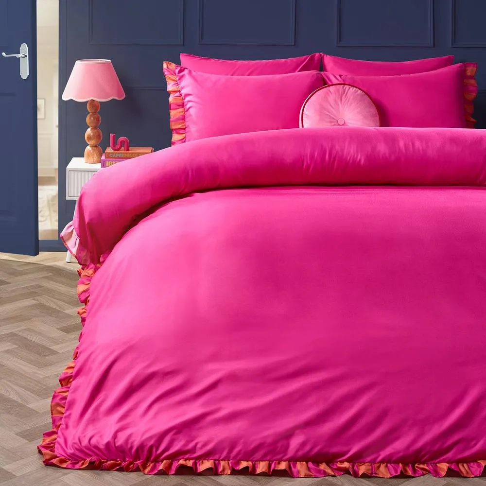 OHS Print Frill Edge Duvet Cover Set with Pillowcase Microfibre Bedding in Bright Pink