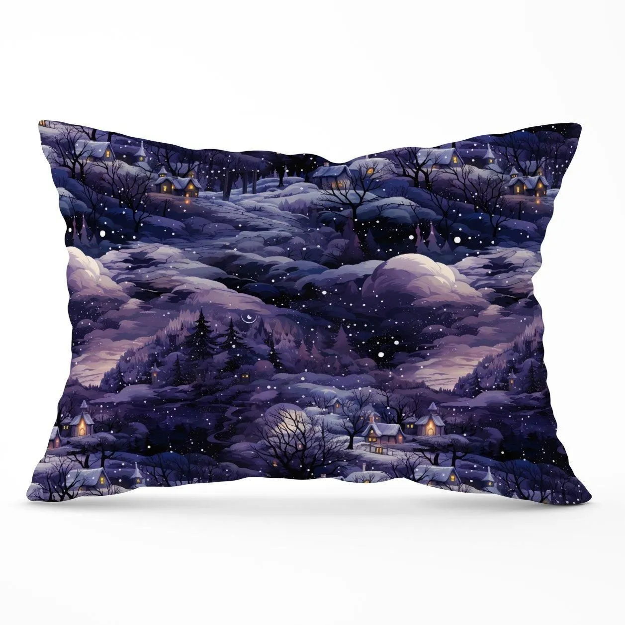 Warren Reed - Designer Snowy Christmas Village On A Starry Night Cushions in Blue