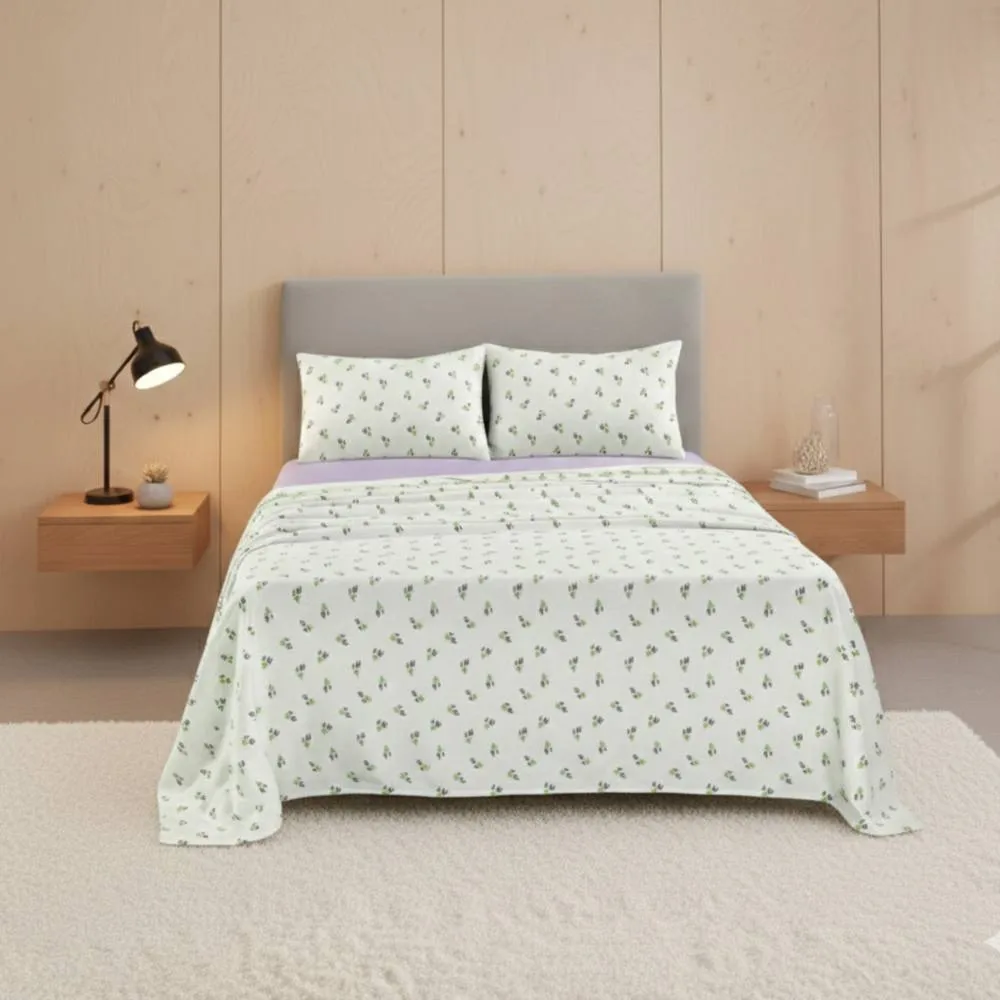 Snug City Soft Flower Print Brushed Cotton Fitted Flat Sheet Matching Pillowcase in Purple
