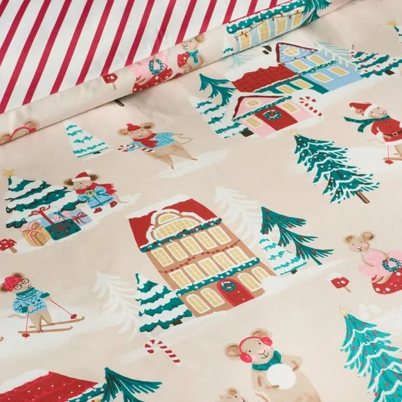 Catherine Lansfield Christmas Mouse Town Duvet Cover & Pillowcase Set 3