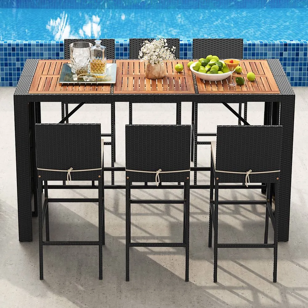 Costway 7 Pieces Patio Rattan Bar Set 6 Wicker Bar Height Chairs in Black 5