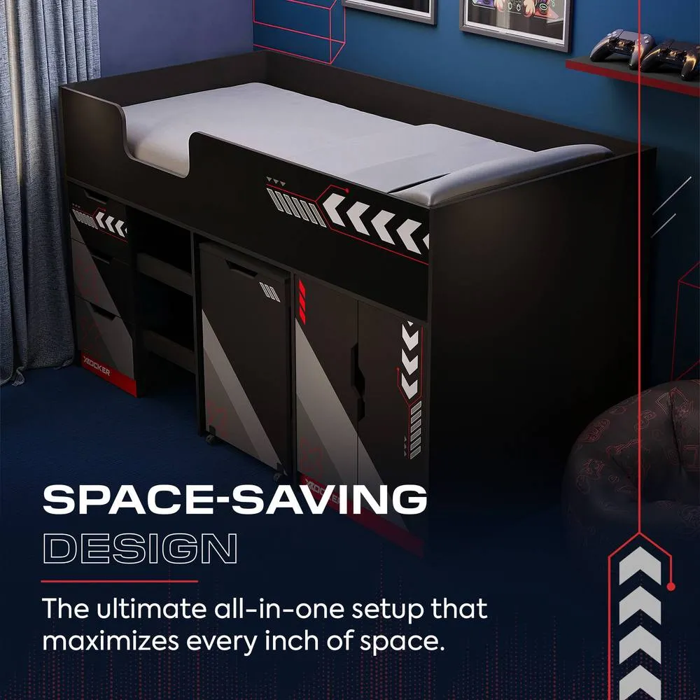 X Rocker Octane Mid Sleeper Gaming Cabin Bed Wardrobe & Pull out Desk in Red 3