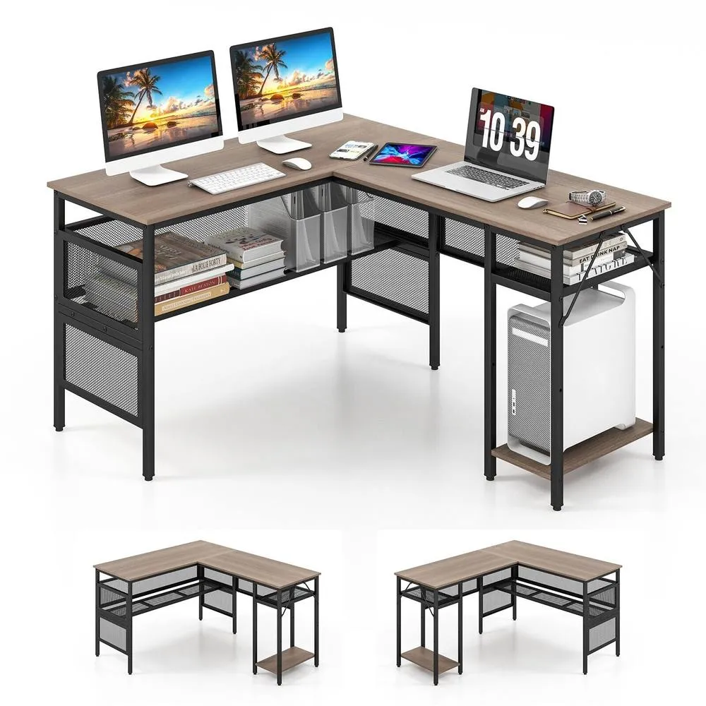 Costway L-Shaped Computer Desk Reversible Corner Workstation w/ Mesh Storage in Grey