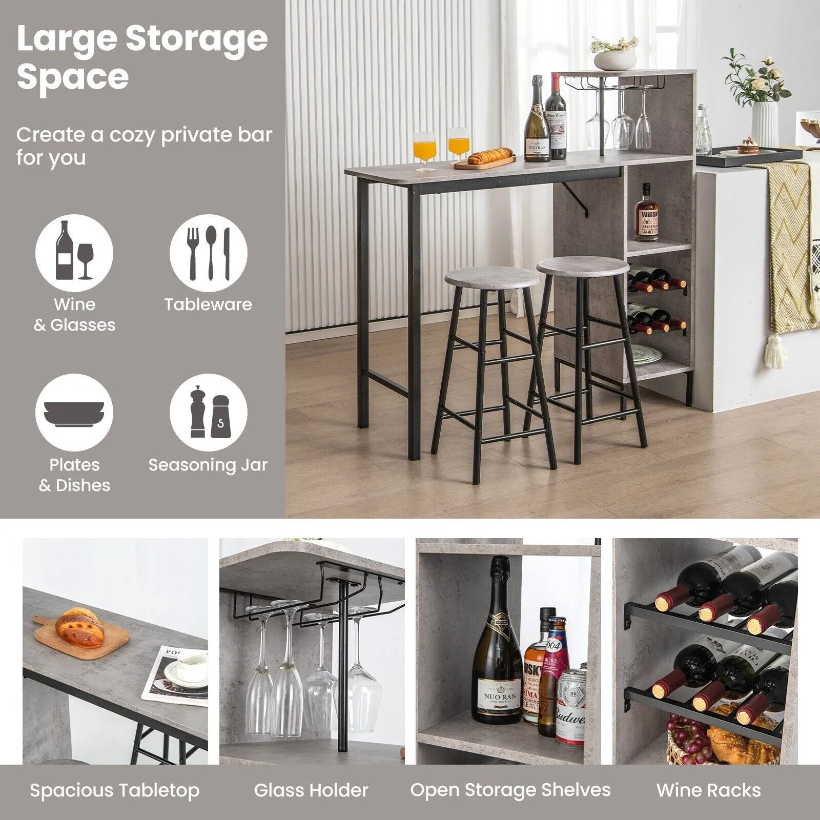 Costway 3PCS Bar Table & 2 Stool Industrial Kitchen Dining Set W/ Wine Rack Glass Holder in Grey 5