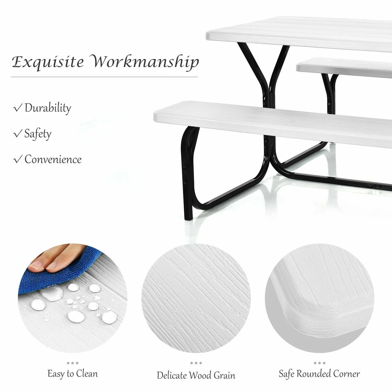 Costway Outdoor Picnic Table Bench Set Garden Dining Table & Bench Sets in White 2