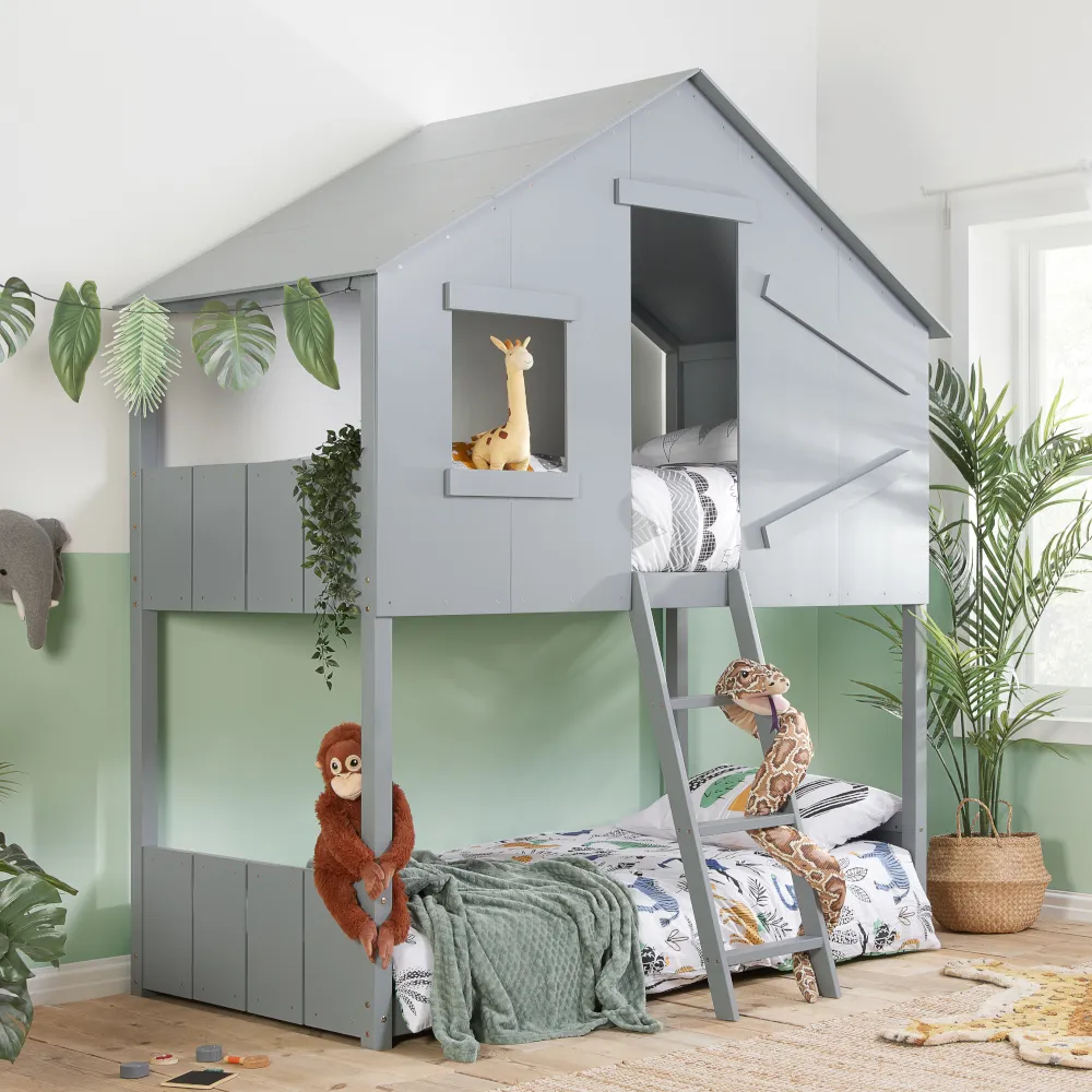 Safari - Single - Kids House Style Bunk Bed - Grey - Wooden - 3ft - Happy Beds 1