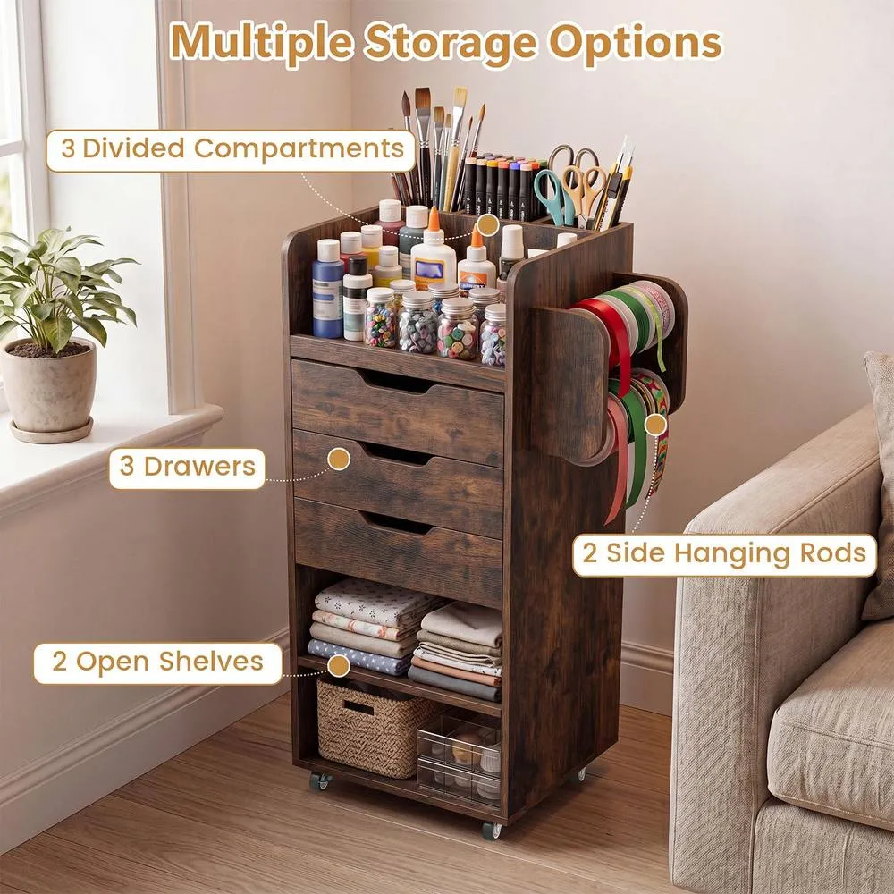 Costway Rolling Storage Cart Mobile Storage Cabinet with 3 Drawers in Brown 6