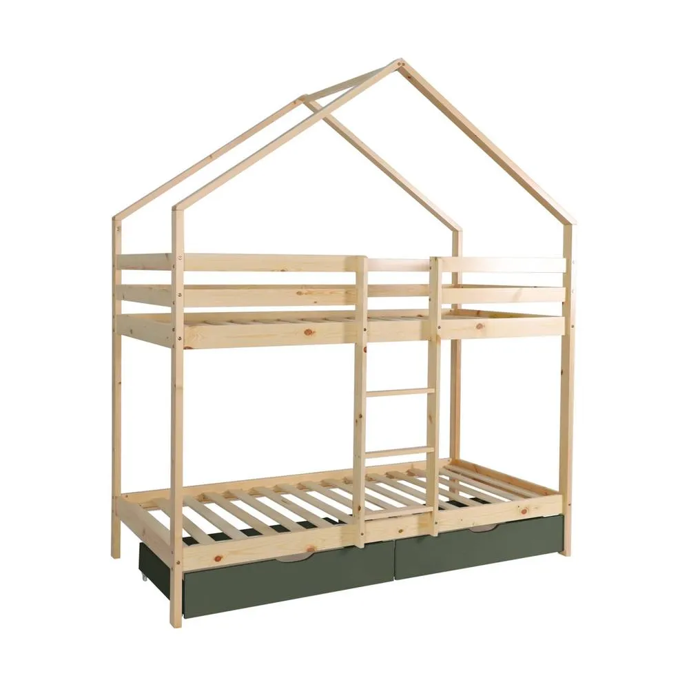 sweeek Children's bunk bed cabin 90 x 190 cm natural pine with storage in Green 2