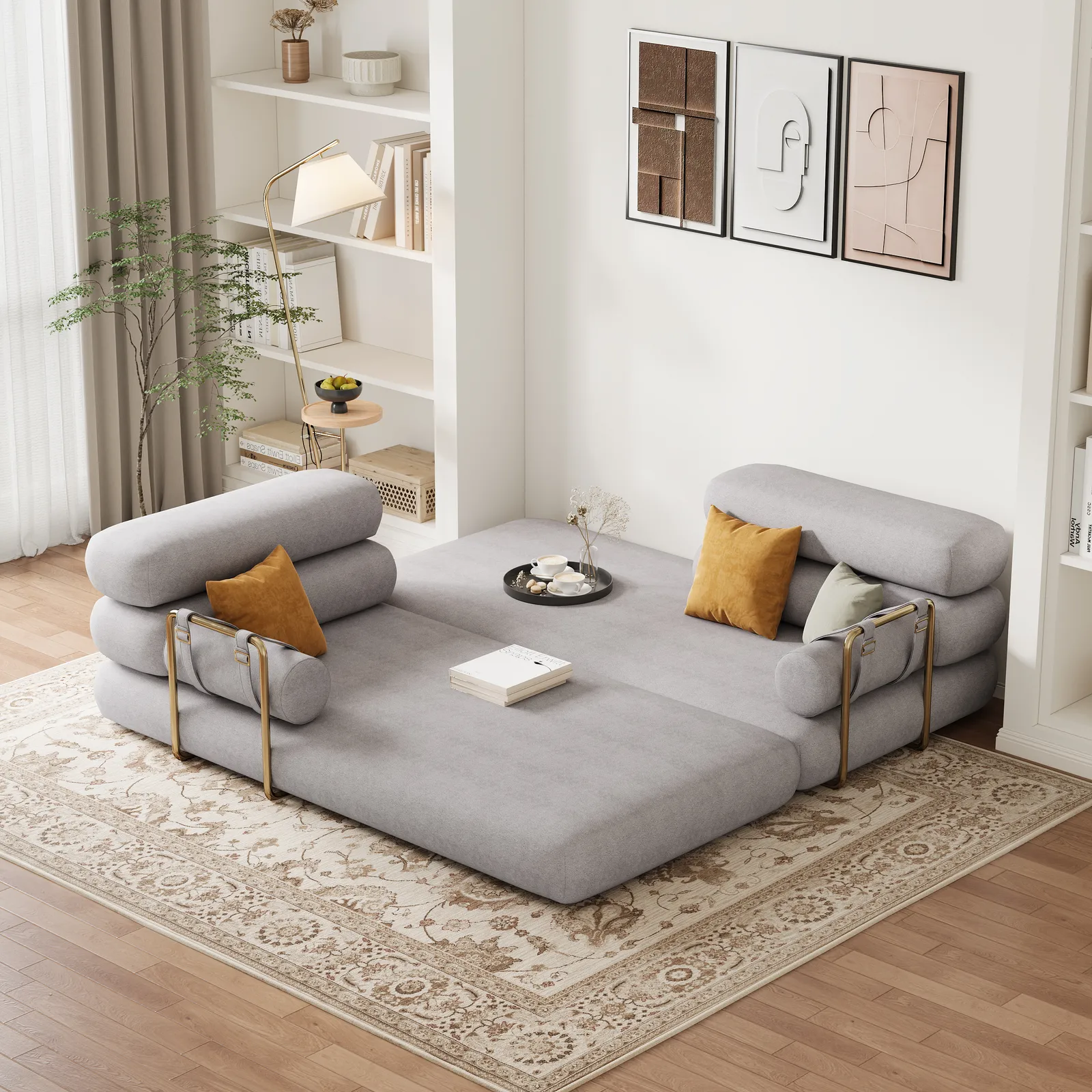 King Size Grey  Velvet Convertible Sleeper Couch 205 cm Modern 3-Seater Futon Sofa Bed