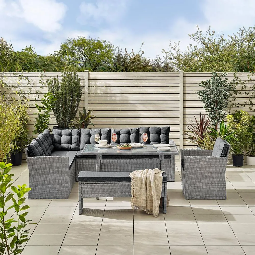 FurnitureboxUK Marbella Textured Grey Rattan Garden Dining Set Grey Cushions 9 Seat Outdoor Sofa, Glass Table Top 145x80cm 2